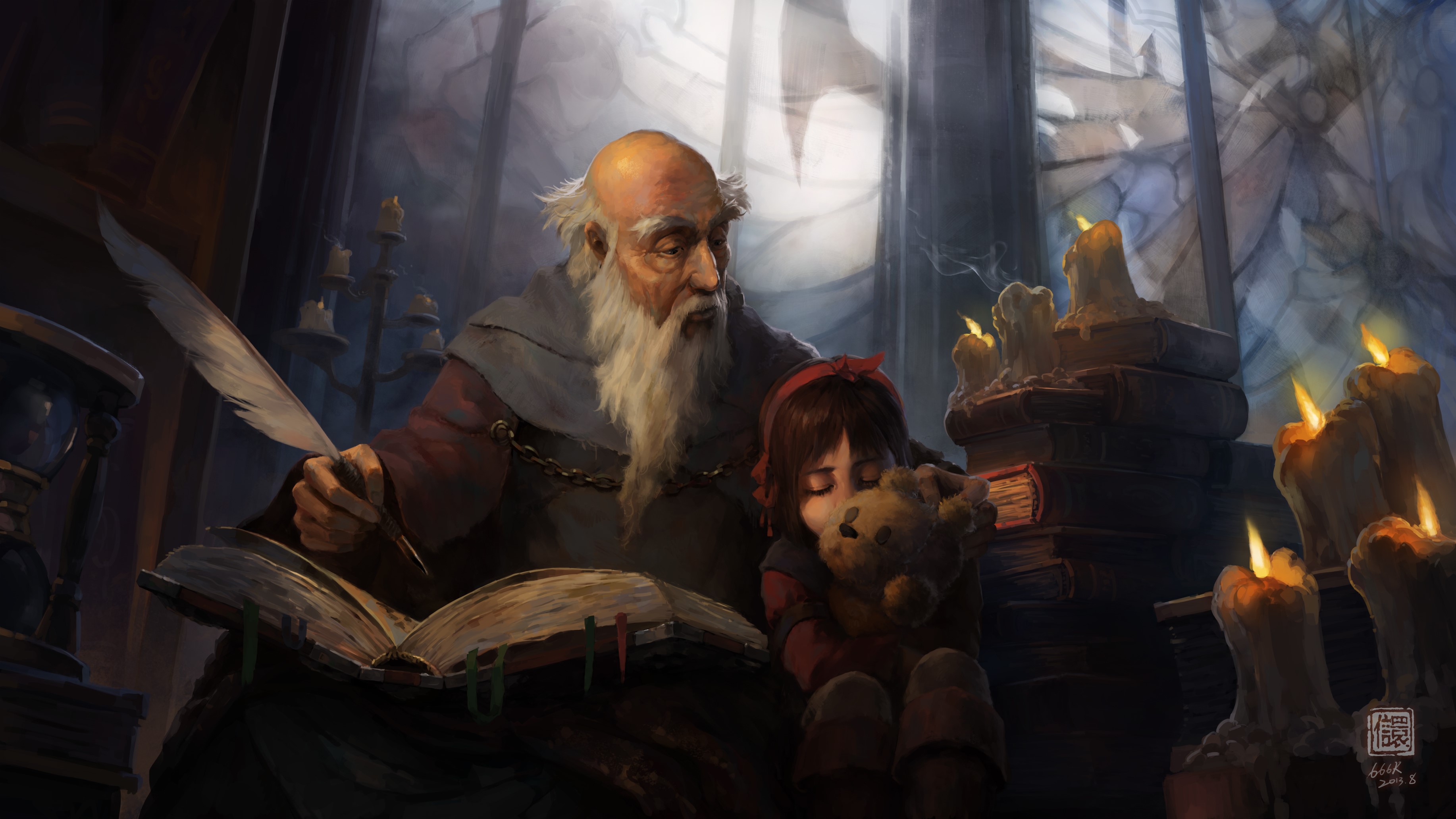 Old man writing in a book with a girl holding a teddy bear HD Wallpaper