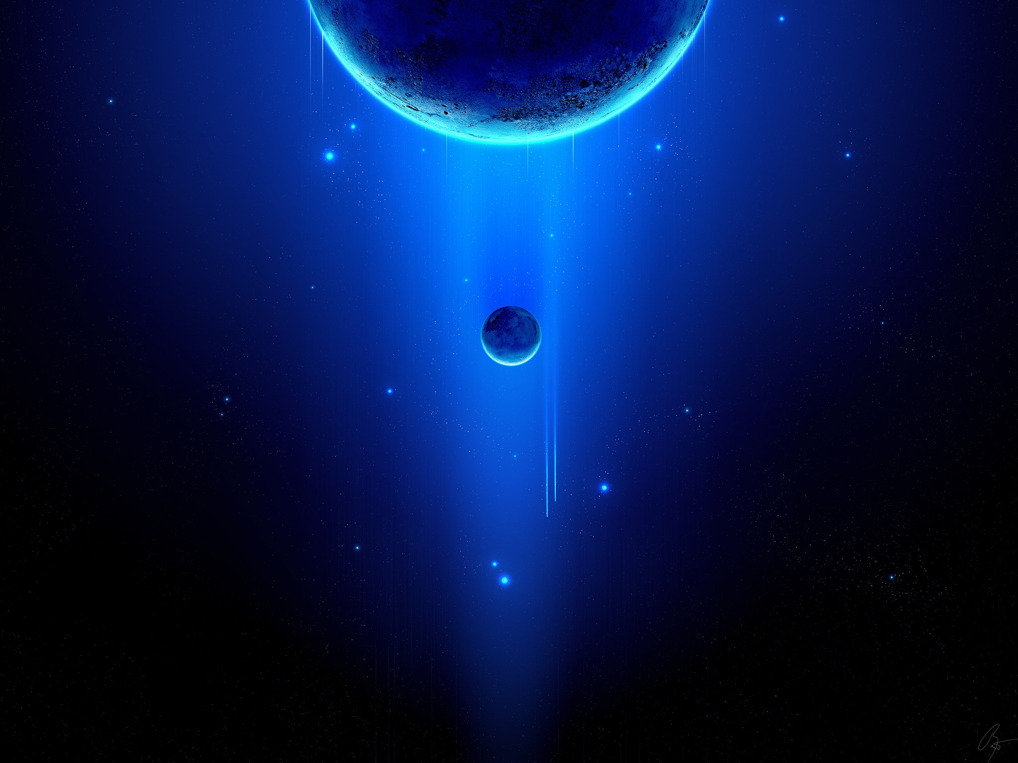 Two planets in a dark, star-filled galaxy with blue light HD Wallpaper