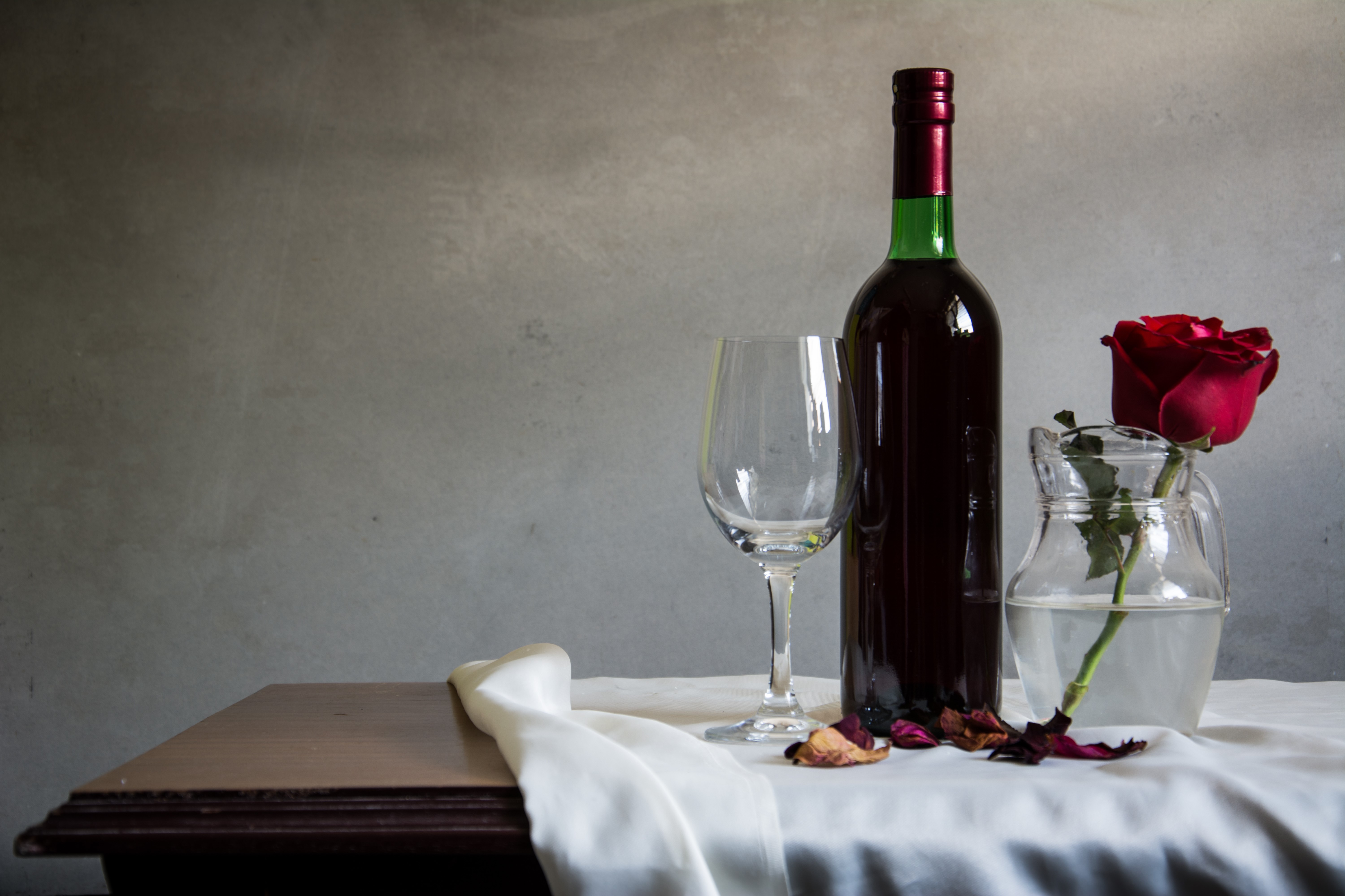 Still-life with wine bottle, glass, and rose HD Wallpaper