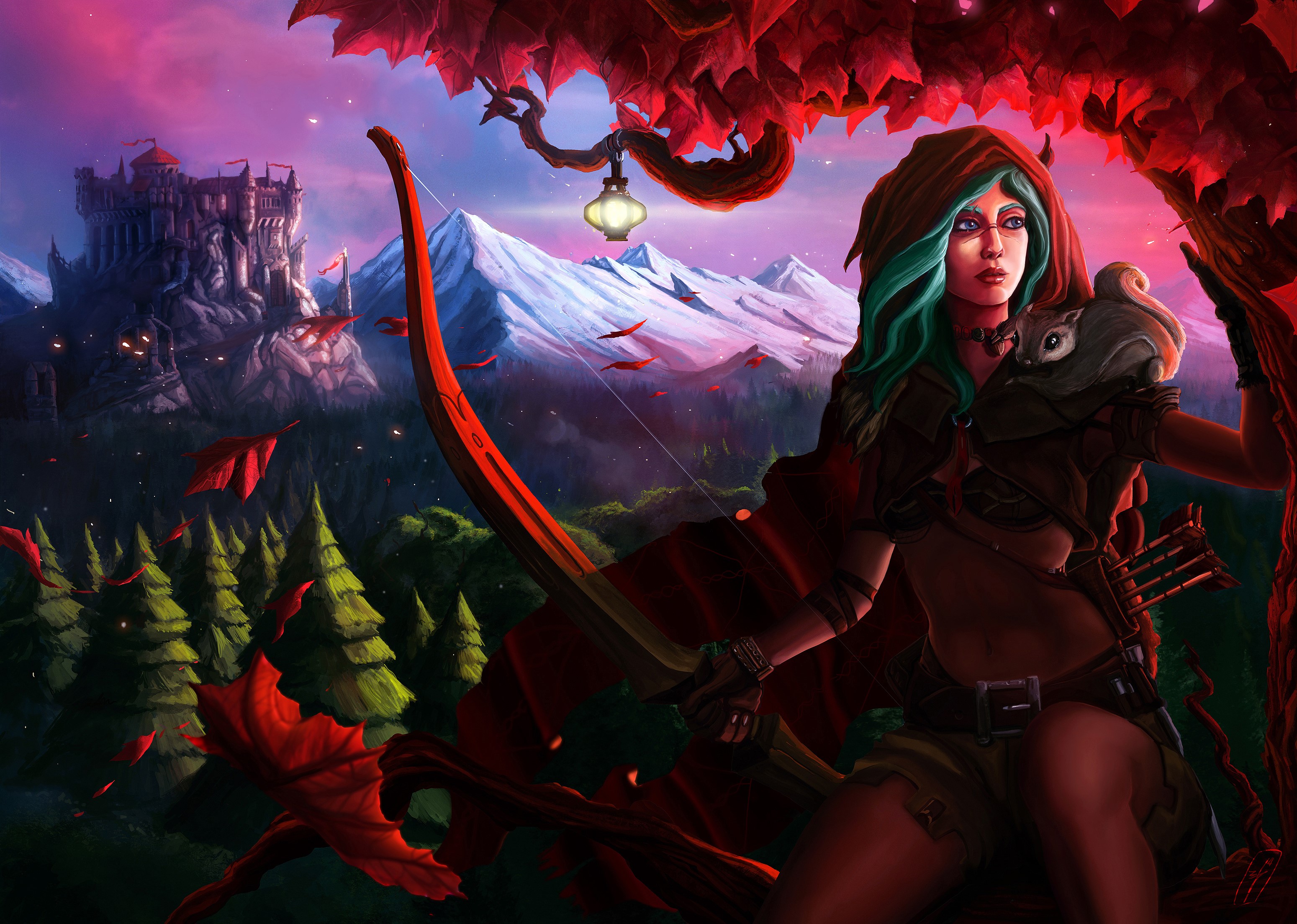Archer with a squirrel and bow near a castle HD Wallpaper