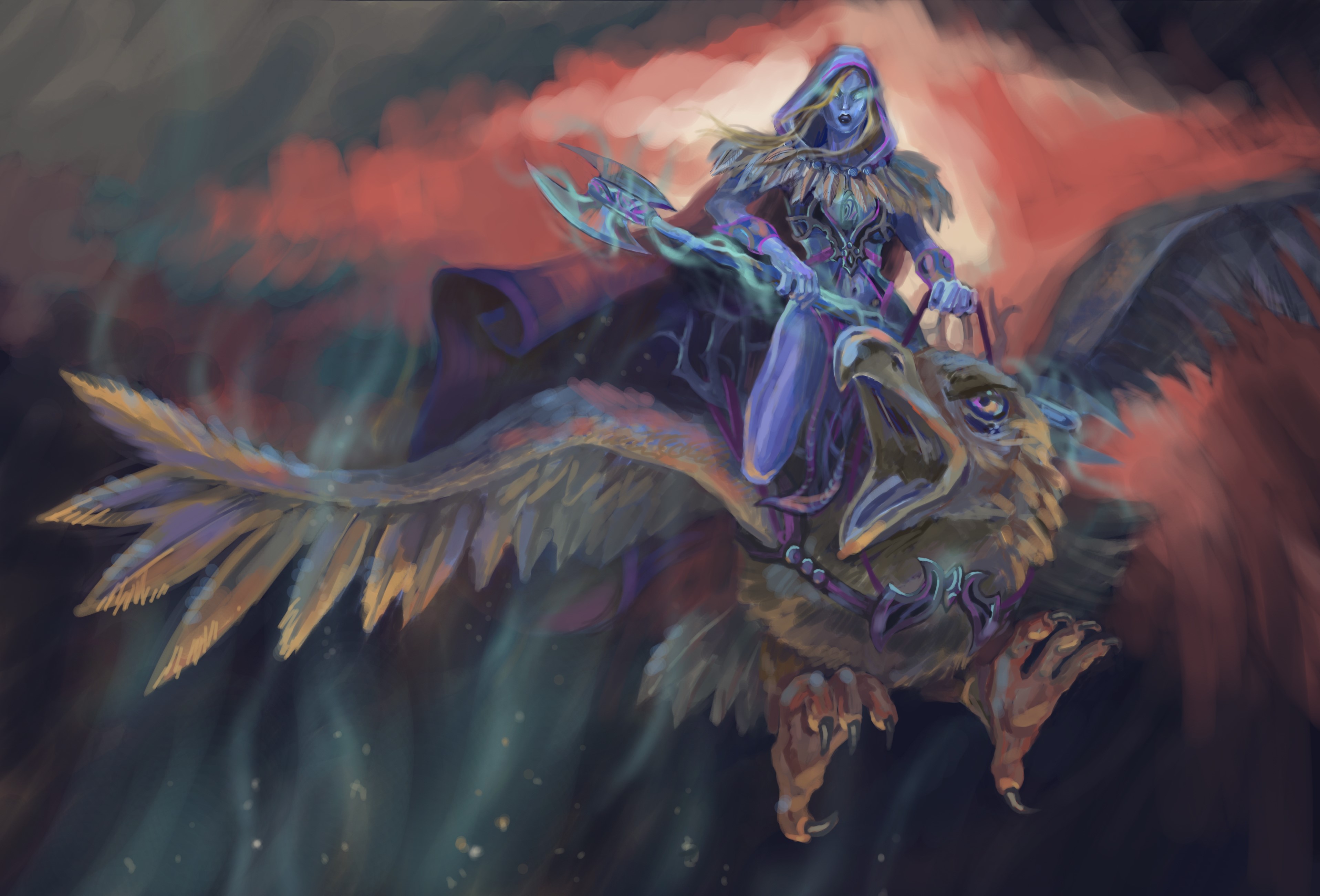 A hooded figure rides a gryphon with a battle axe HD Wallpaper