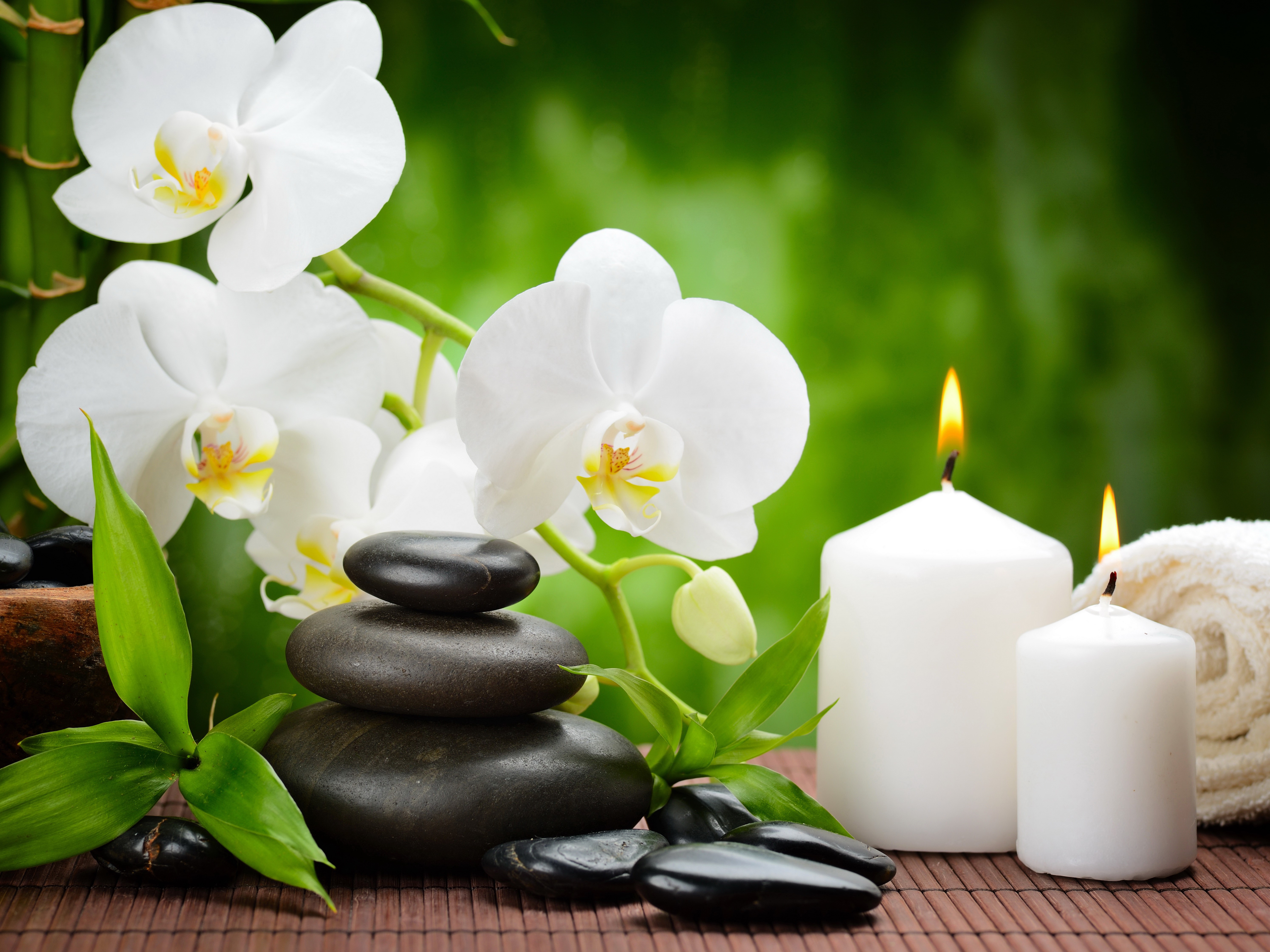 White Orchids, Candles, and Stones for Spa HD Wallpaper