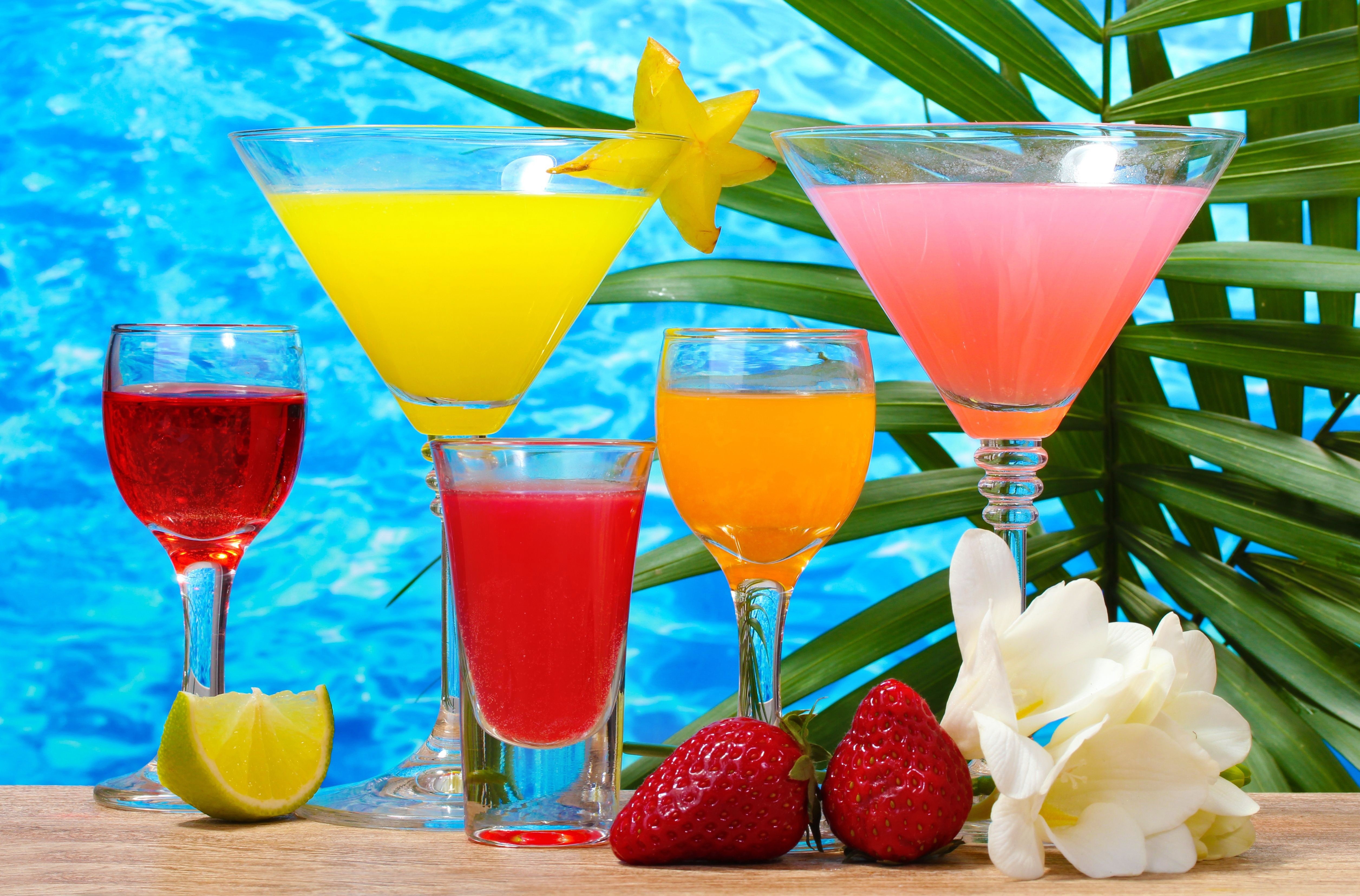 Colorful cocktails with fruits and flowers HD Wallpaper