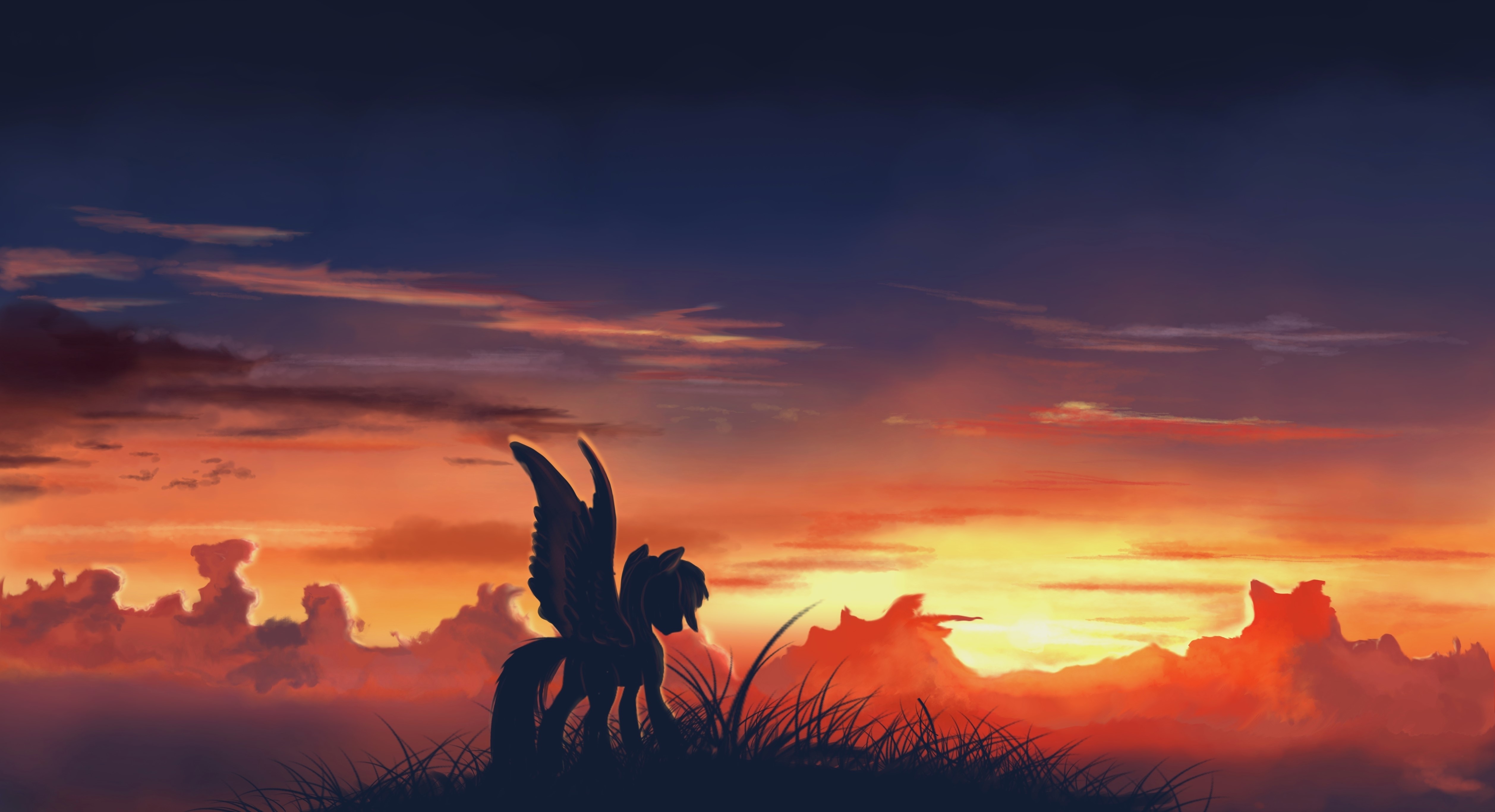 Pegasus pony silhouette at sunset HD Wallpaper