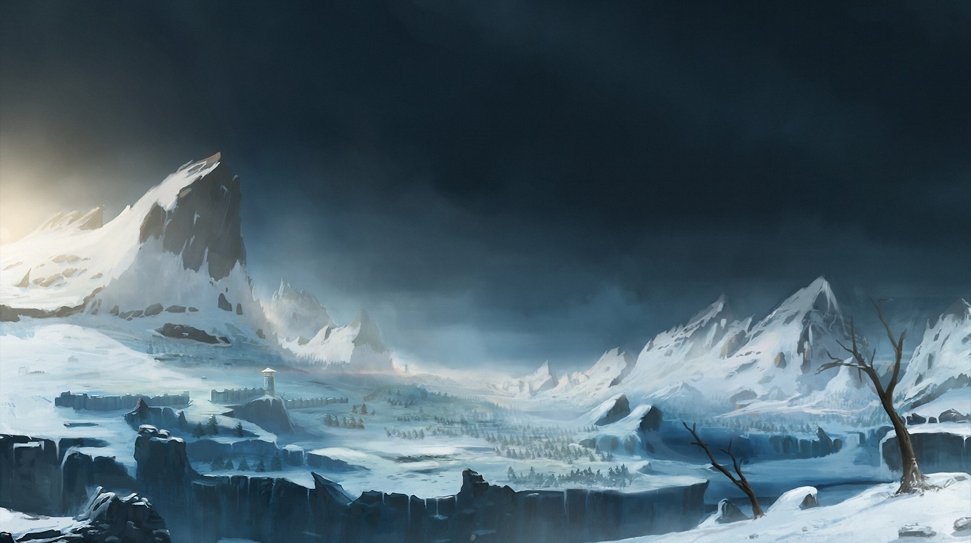 Snowy mountain landscape with ancient ruins and a watchtower HD Wallpaper
