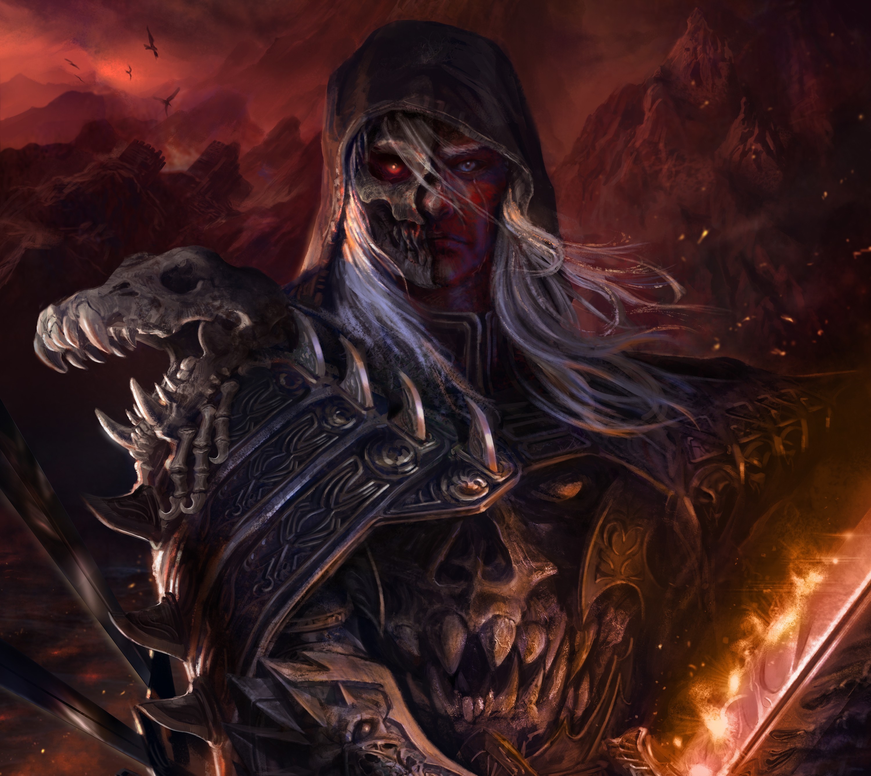 Warrior with skull armor and fiery sword HD Wallpaper