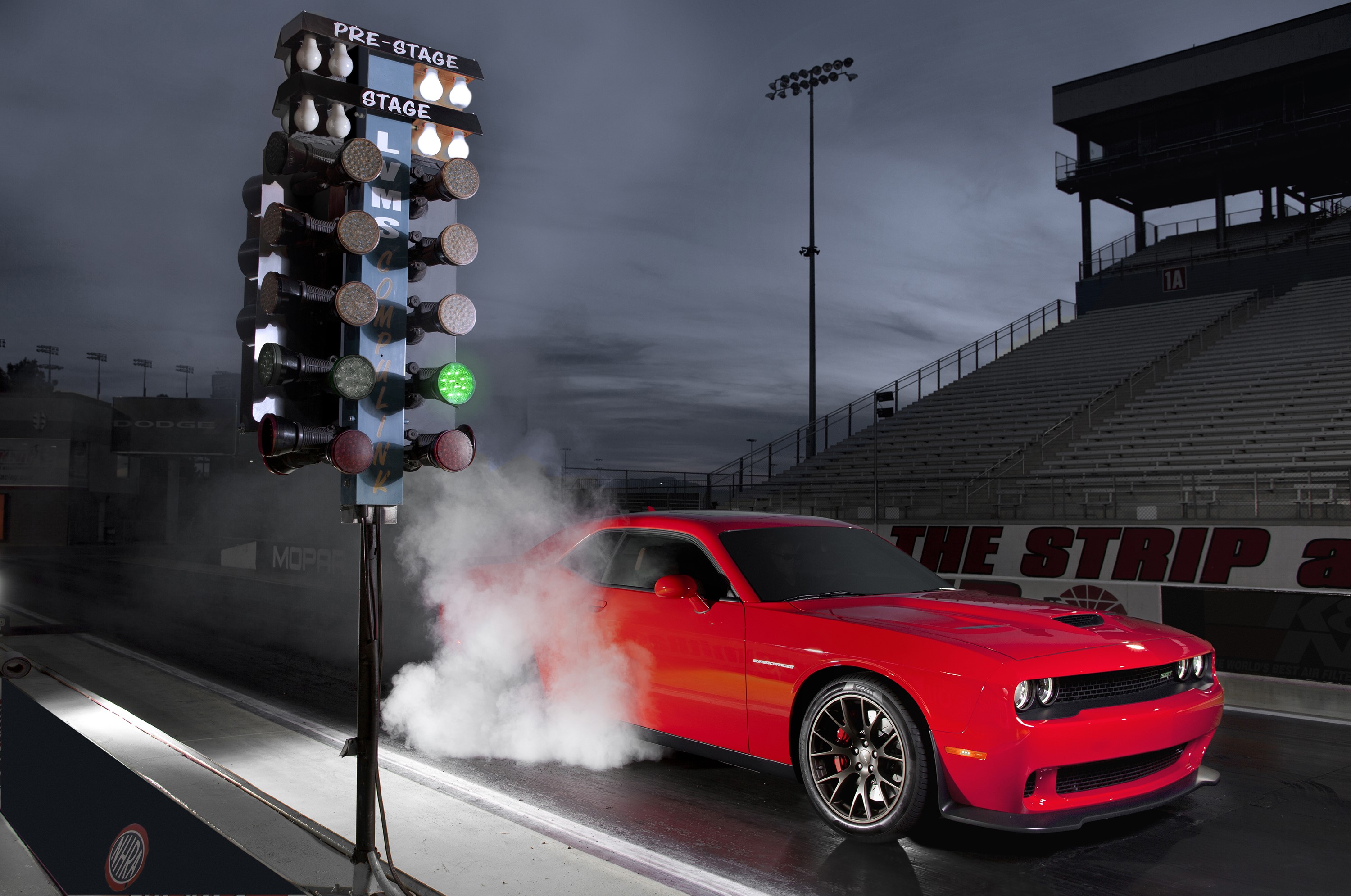 Red Dodge Challenger SRT Hellcat at Drag Strip HD Wallpaper