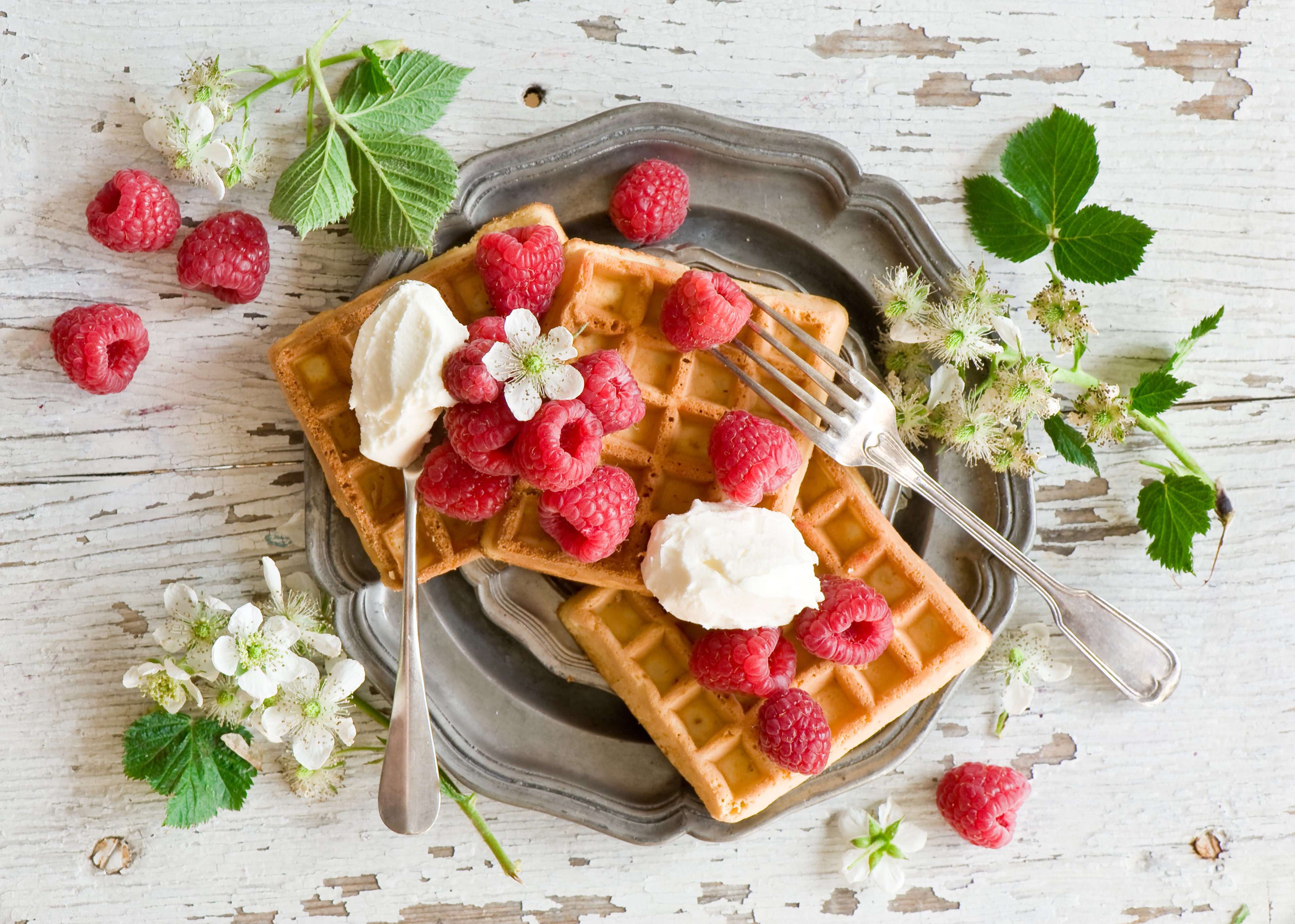 Still-life of waffles with raspberries and cream HD Wallpaper