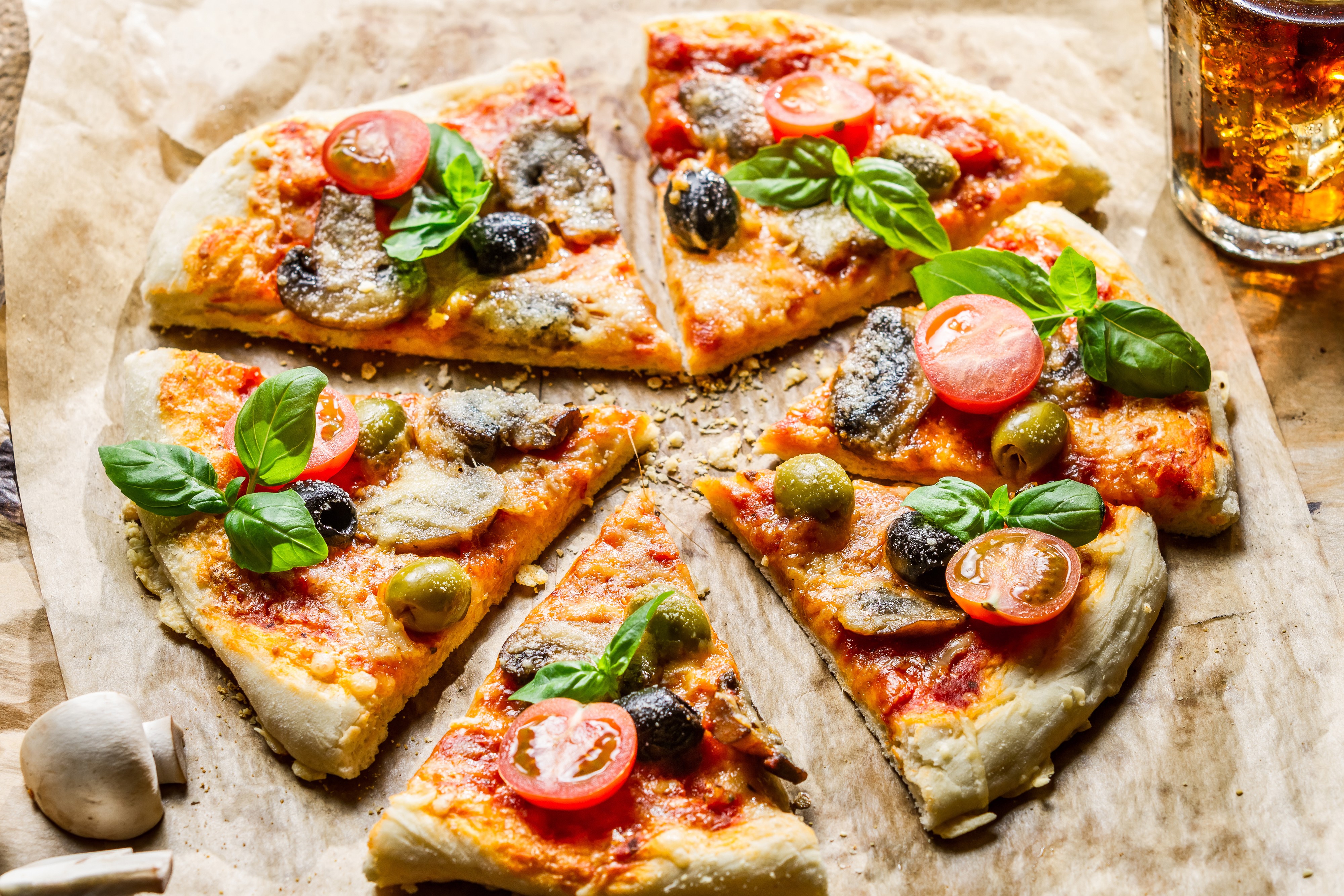 4K Pizza with Mushrooms, Tomatoes, and Basil HD Wallpaper