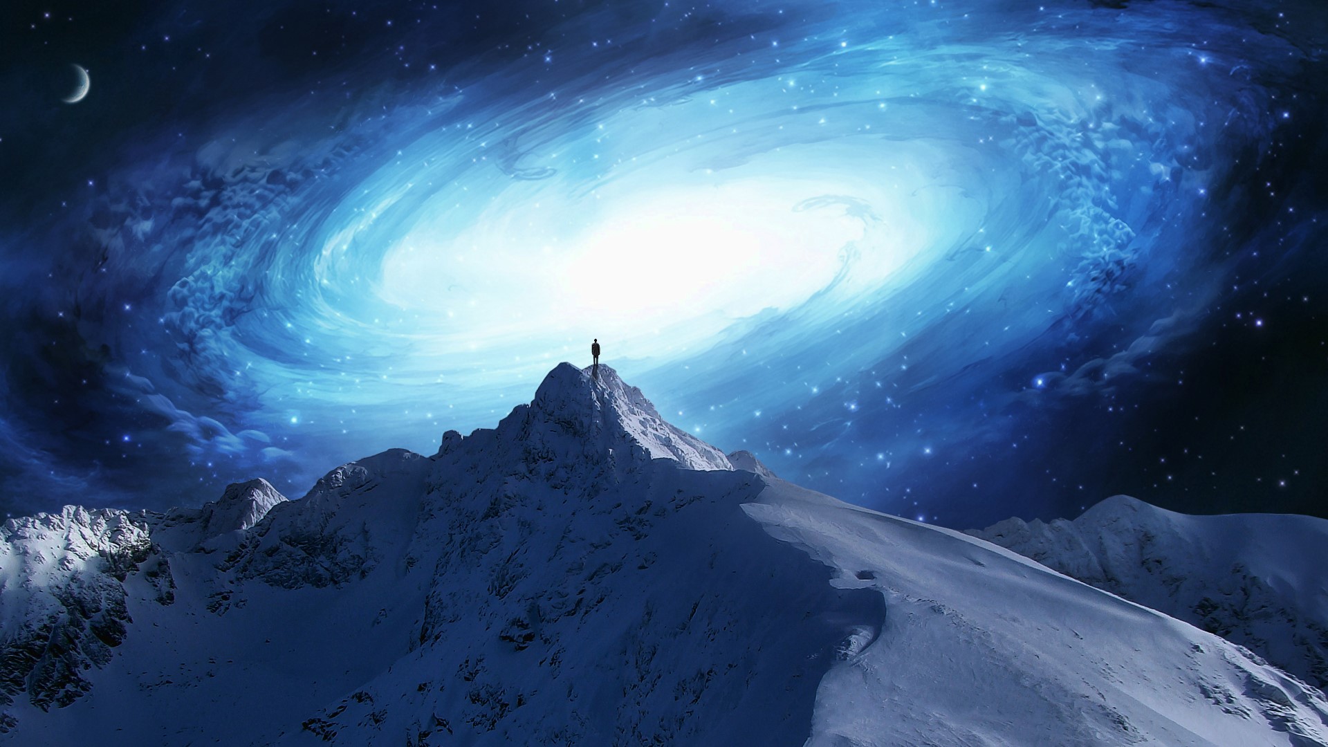 Man on mountain peak with galaxy background HD Wallpaper