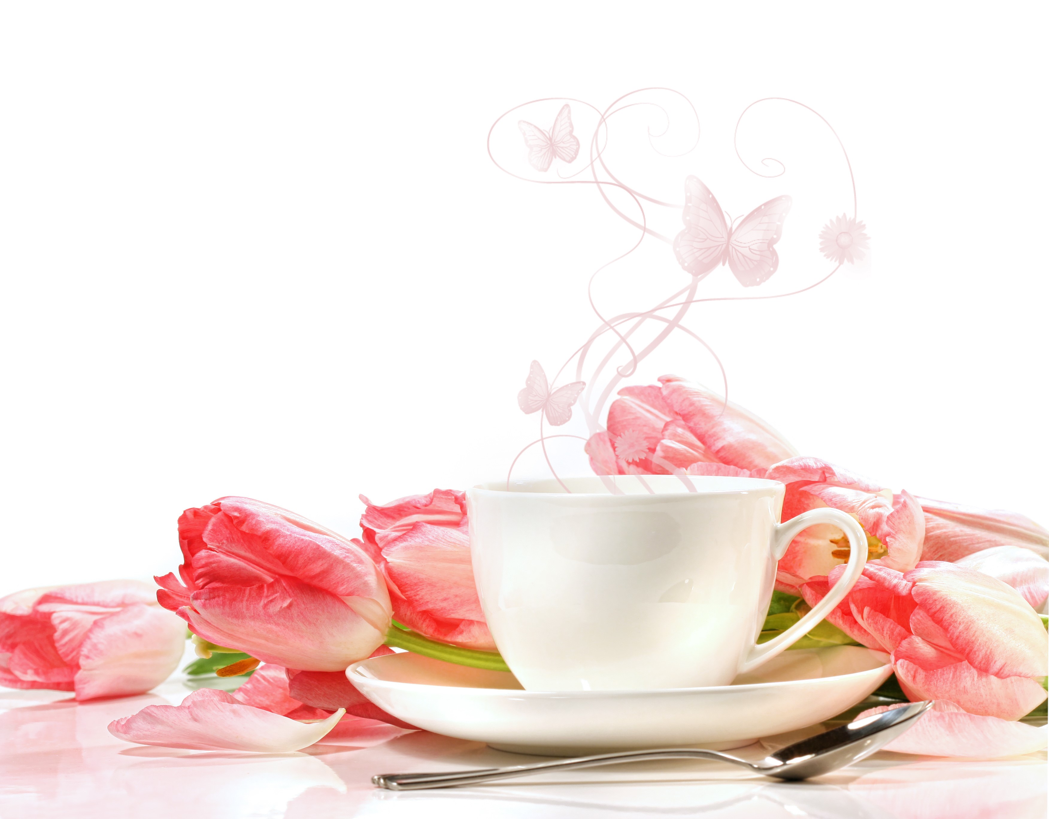 White cup of coffee with pink tulips and butterflies HD Wallpaper