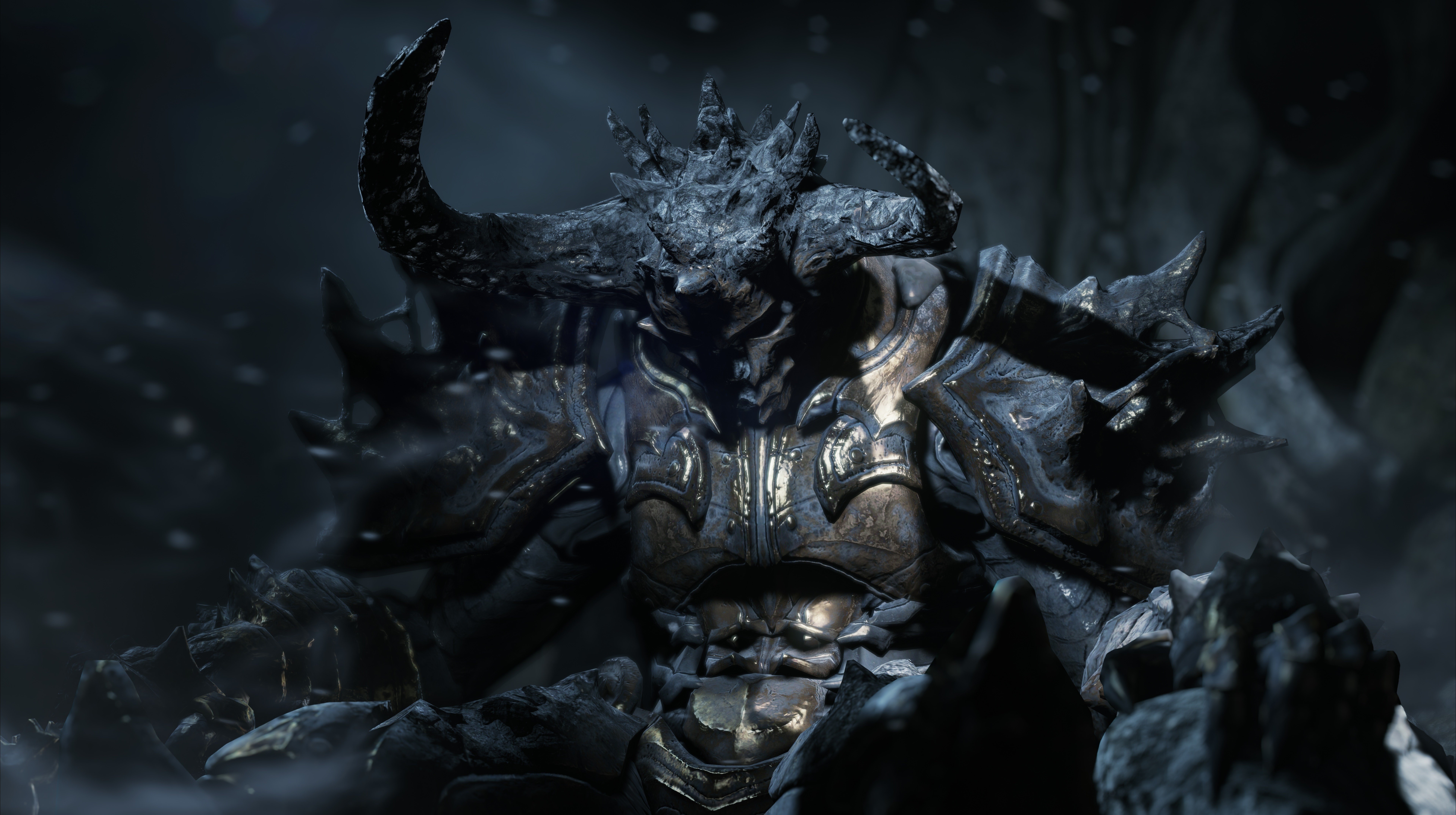Demon with horns and armor in a dark environment HD Wallpaper