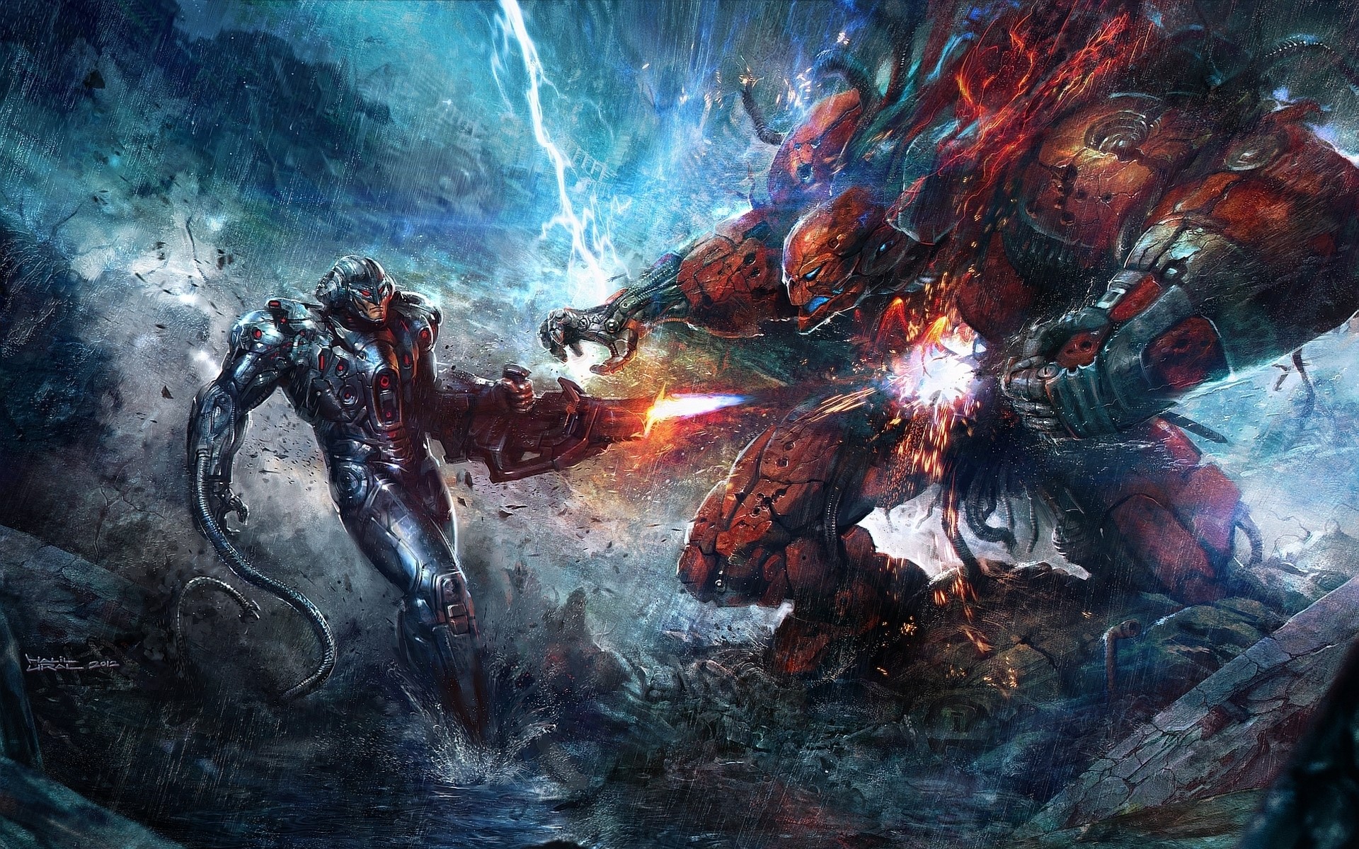 Cyborg Warrior Battles Giant Monster in the Rain HD Wallpaper