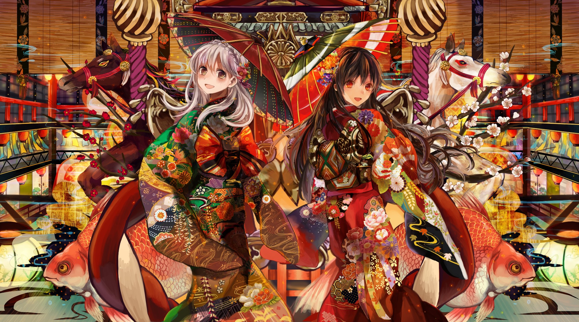 Two girls in kimonos with umbrellas and horses HD Wallpaper