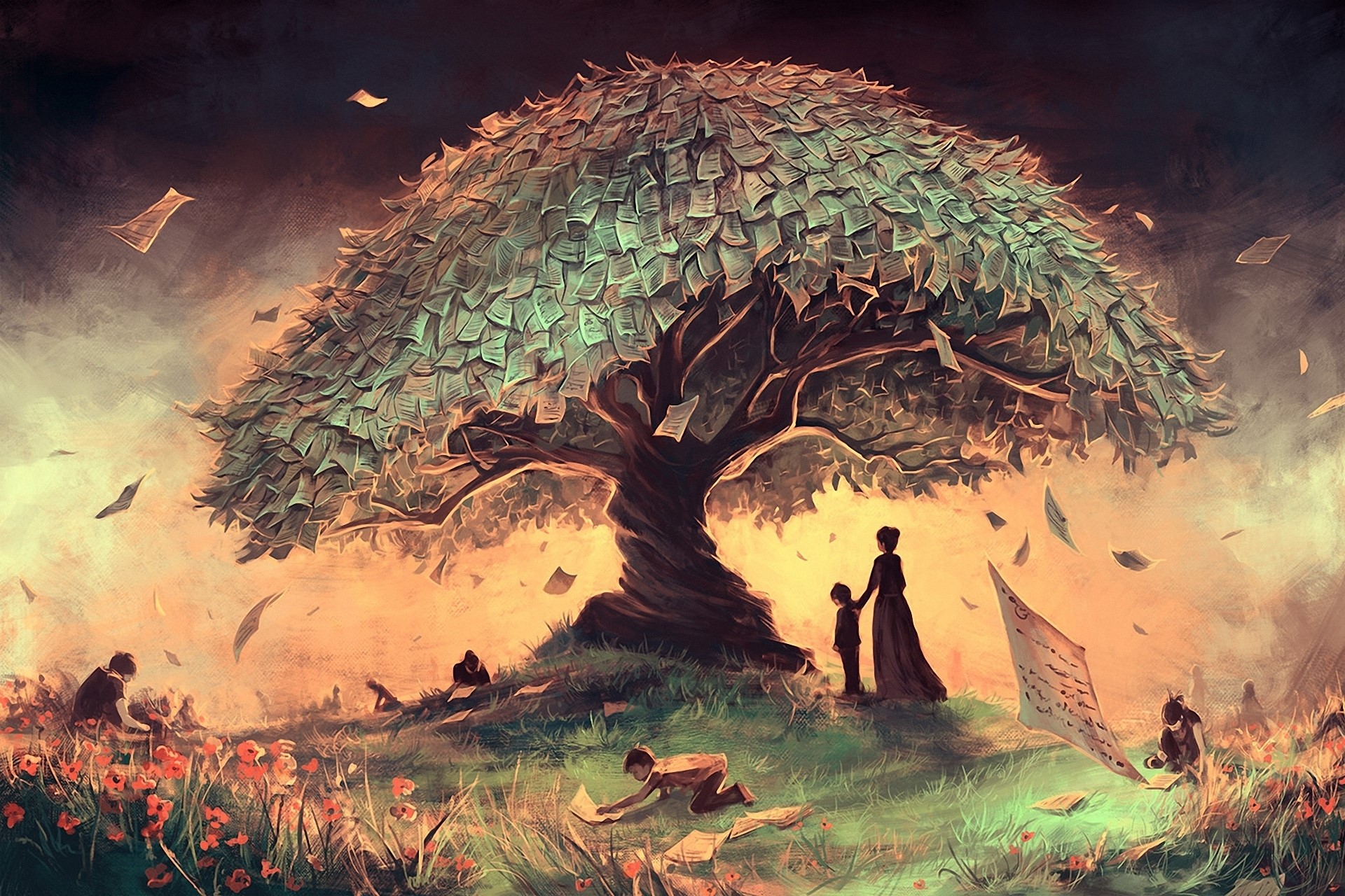 Tree of knowledge with people reading and writing HD Wallpaper