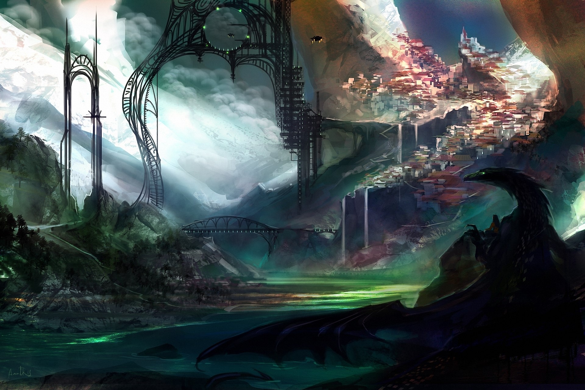 Dragon overlooking a fantasy city with futuristic architecture HD Wallpaper