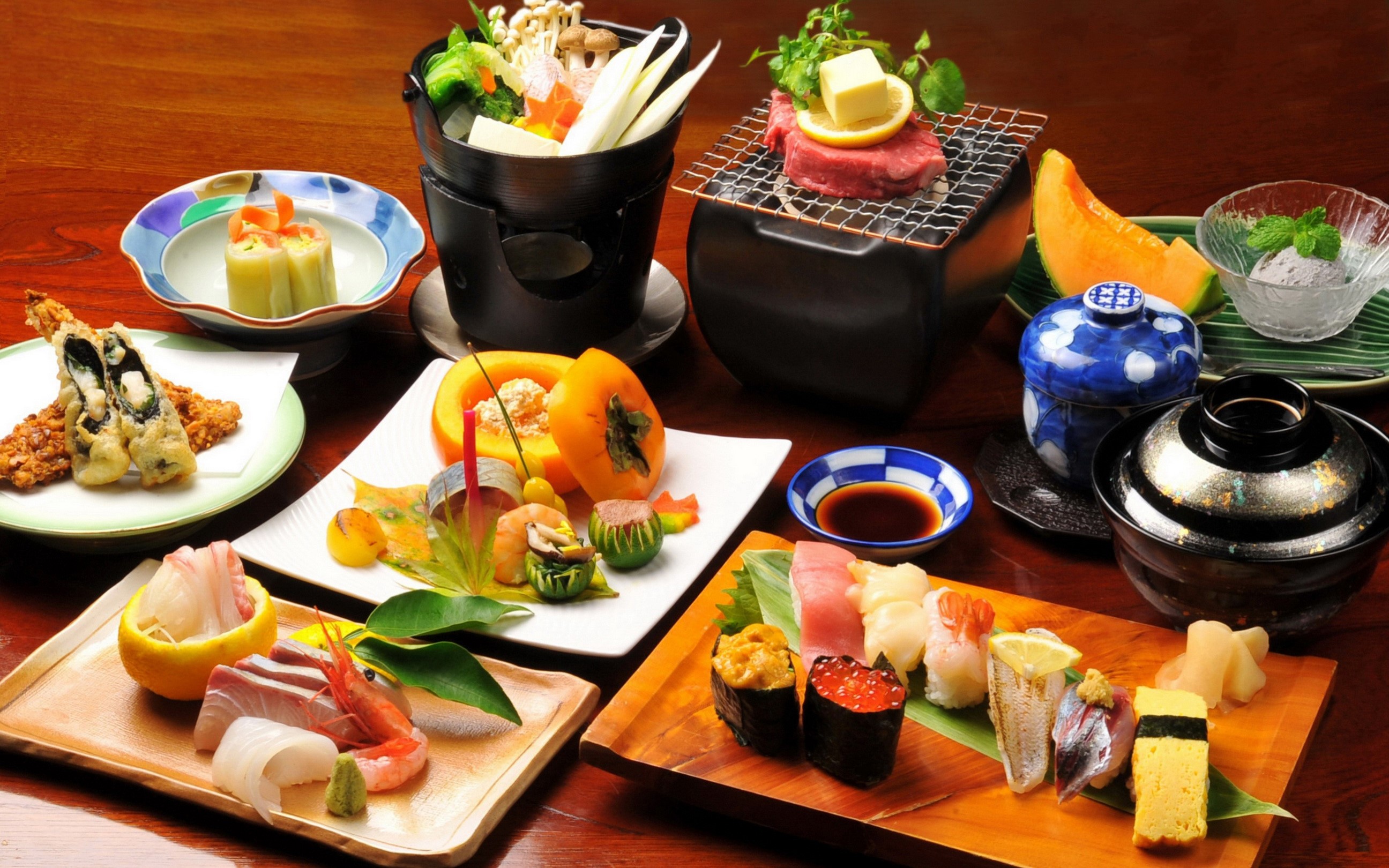 Japanese Kaiseki Meal with Sushi and Grilled Beef HD Wallpaper