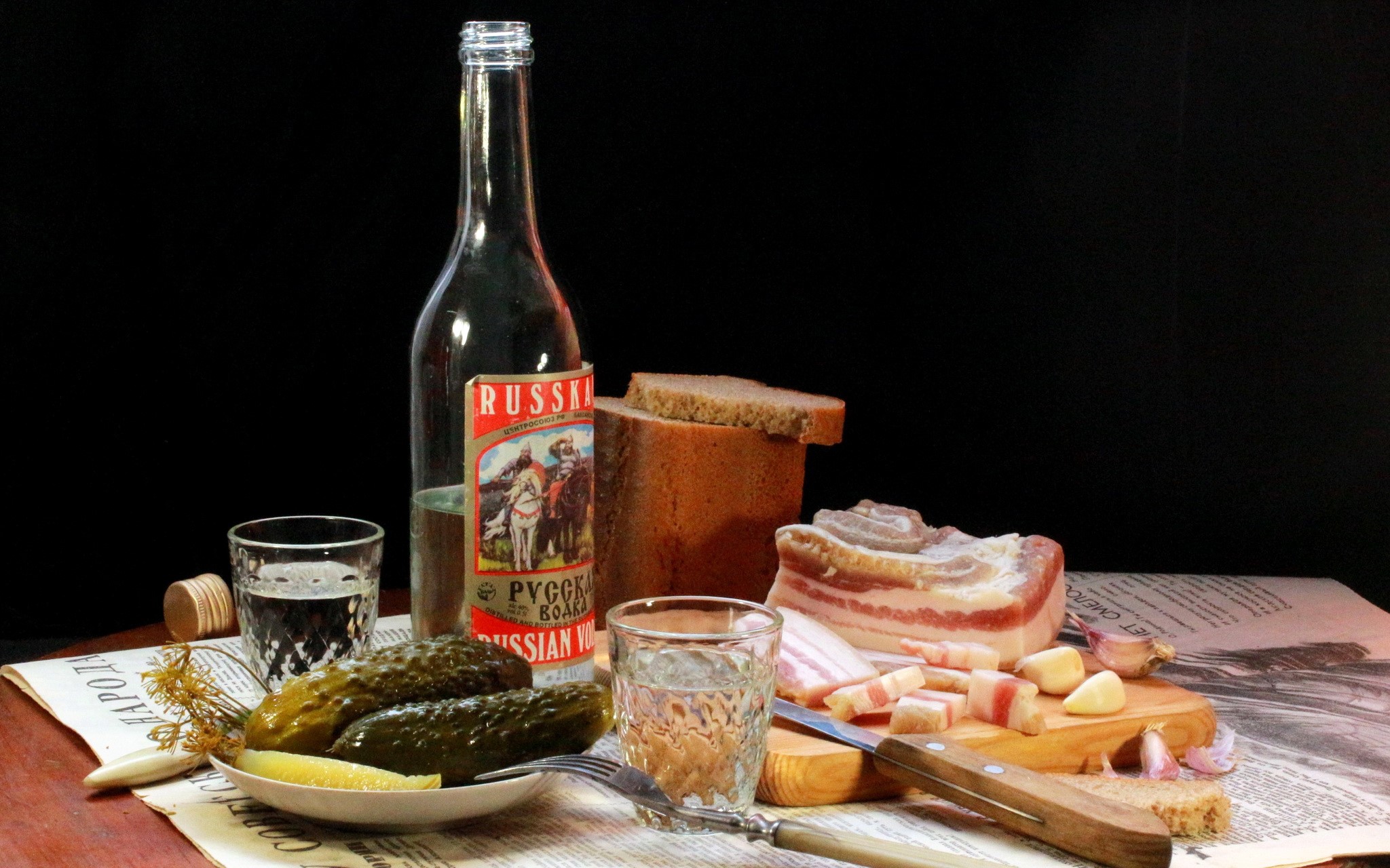 Still life with vodka, pickles, bread, and bacon HD Wallpaper