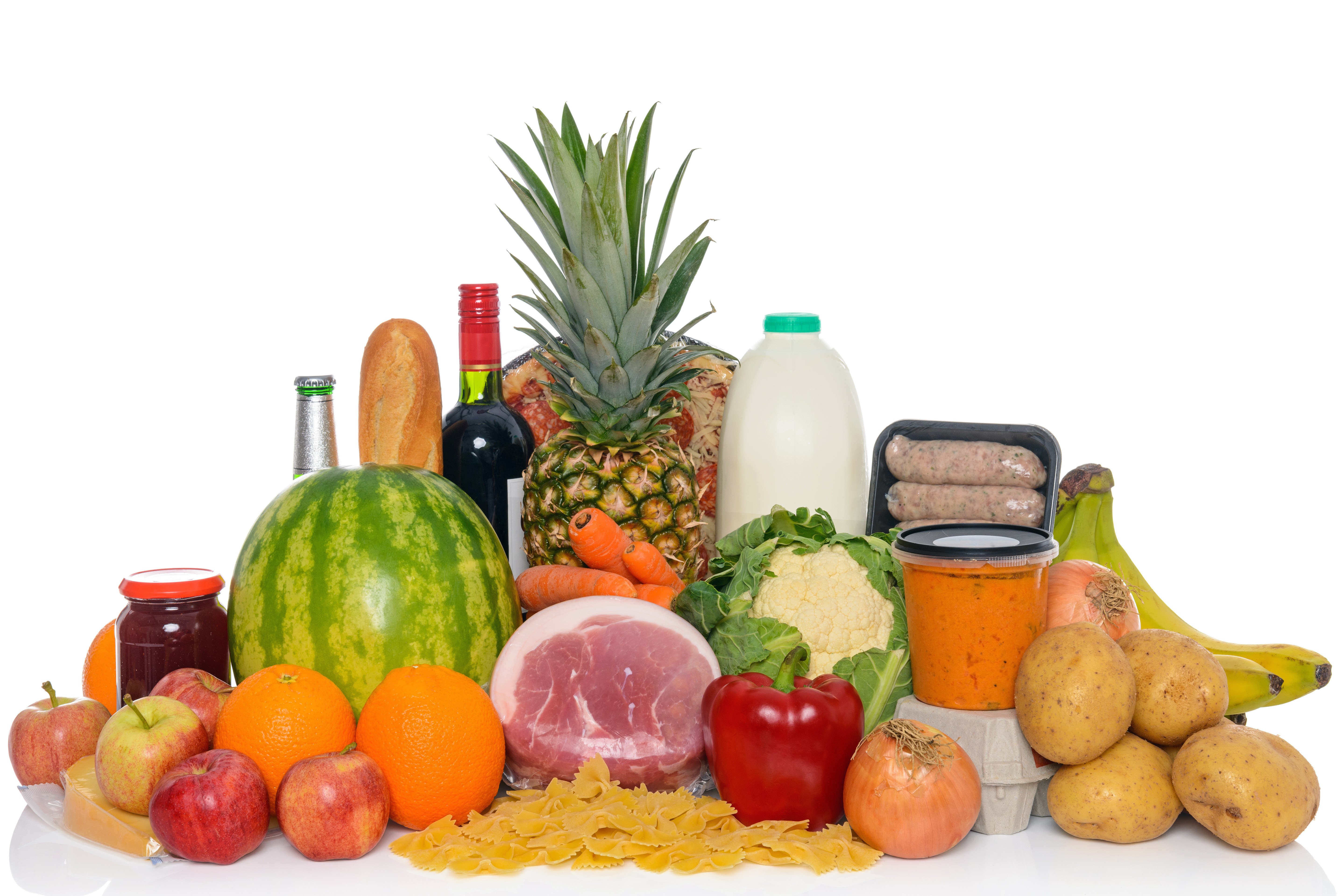 Assortment of groceries including fruits, vegetables, meats, and drinks HD Wallpaper