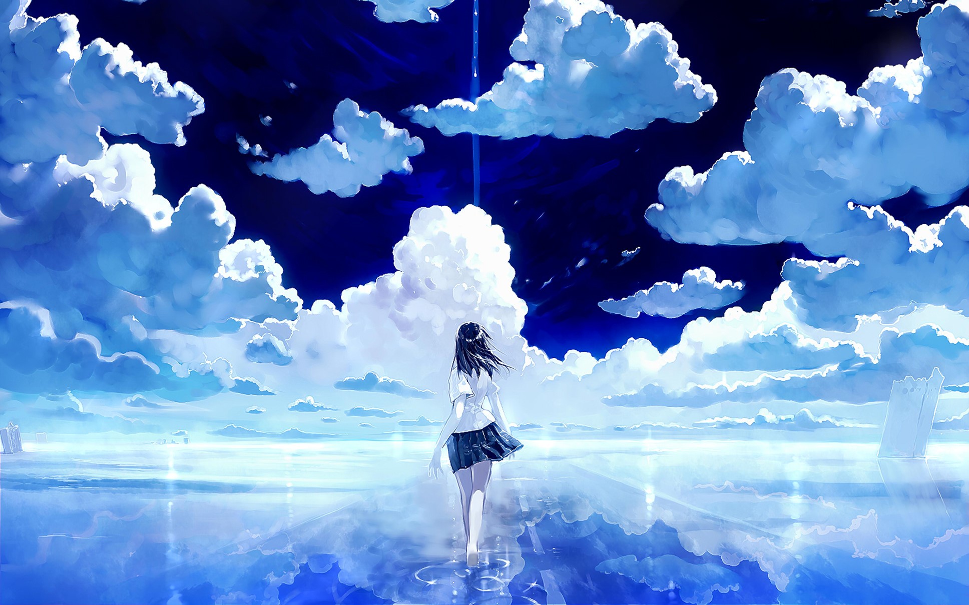 Girl walking on water under a cloudy sky HD Wallpaper