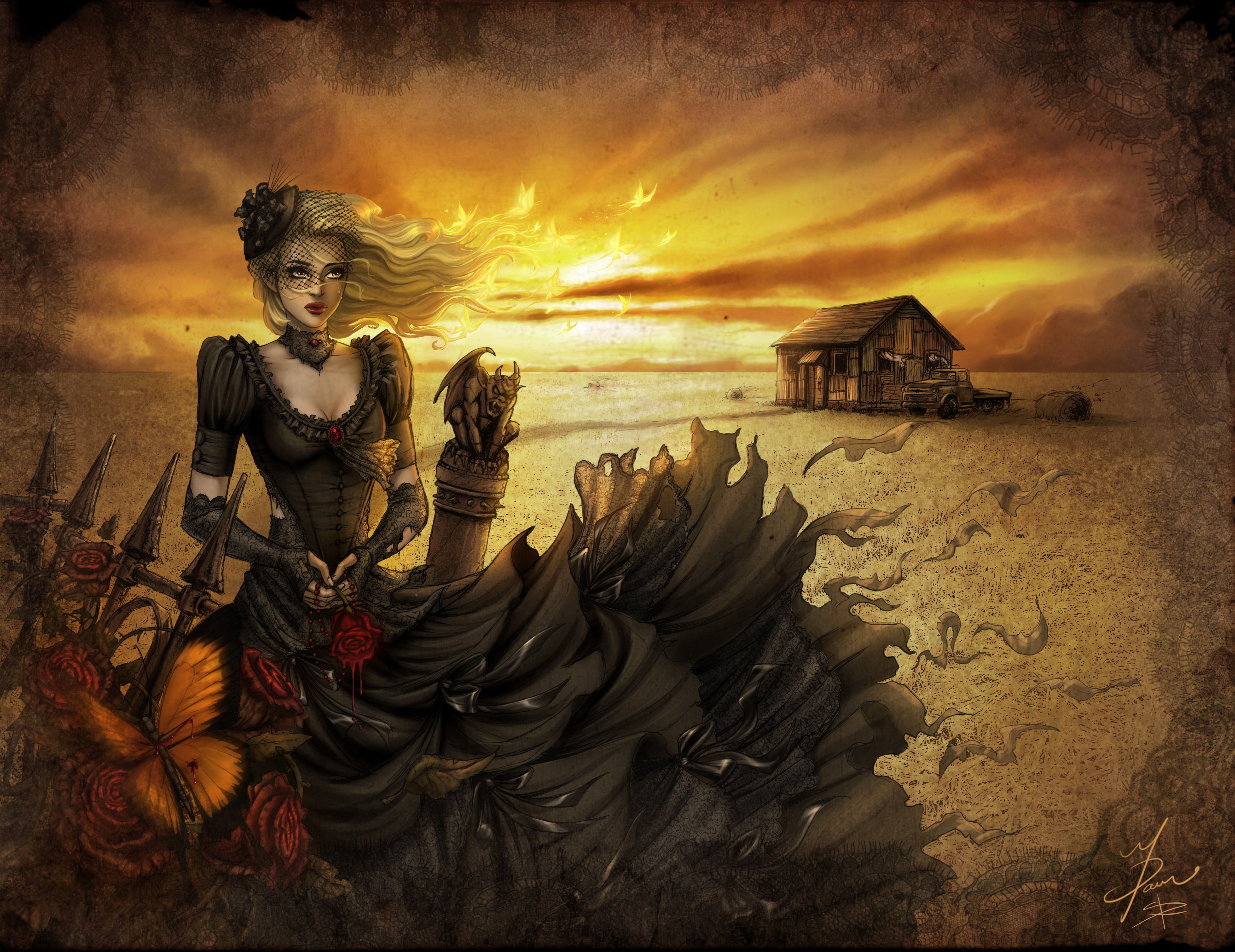 Gothic Woman in a Field at Sunset HD Wallpaper