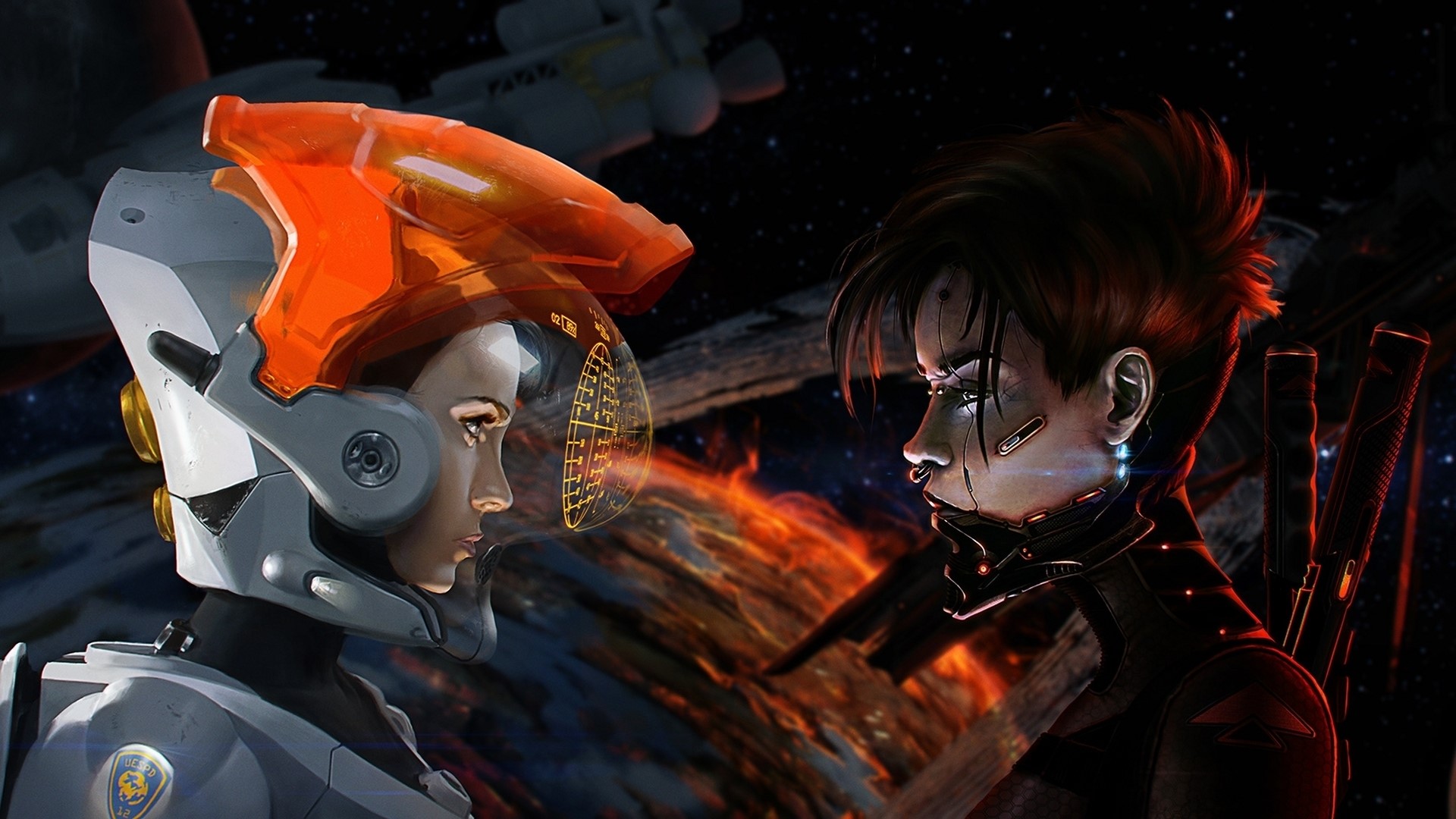 Two female warriors facing each other in space HD Wallpaper