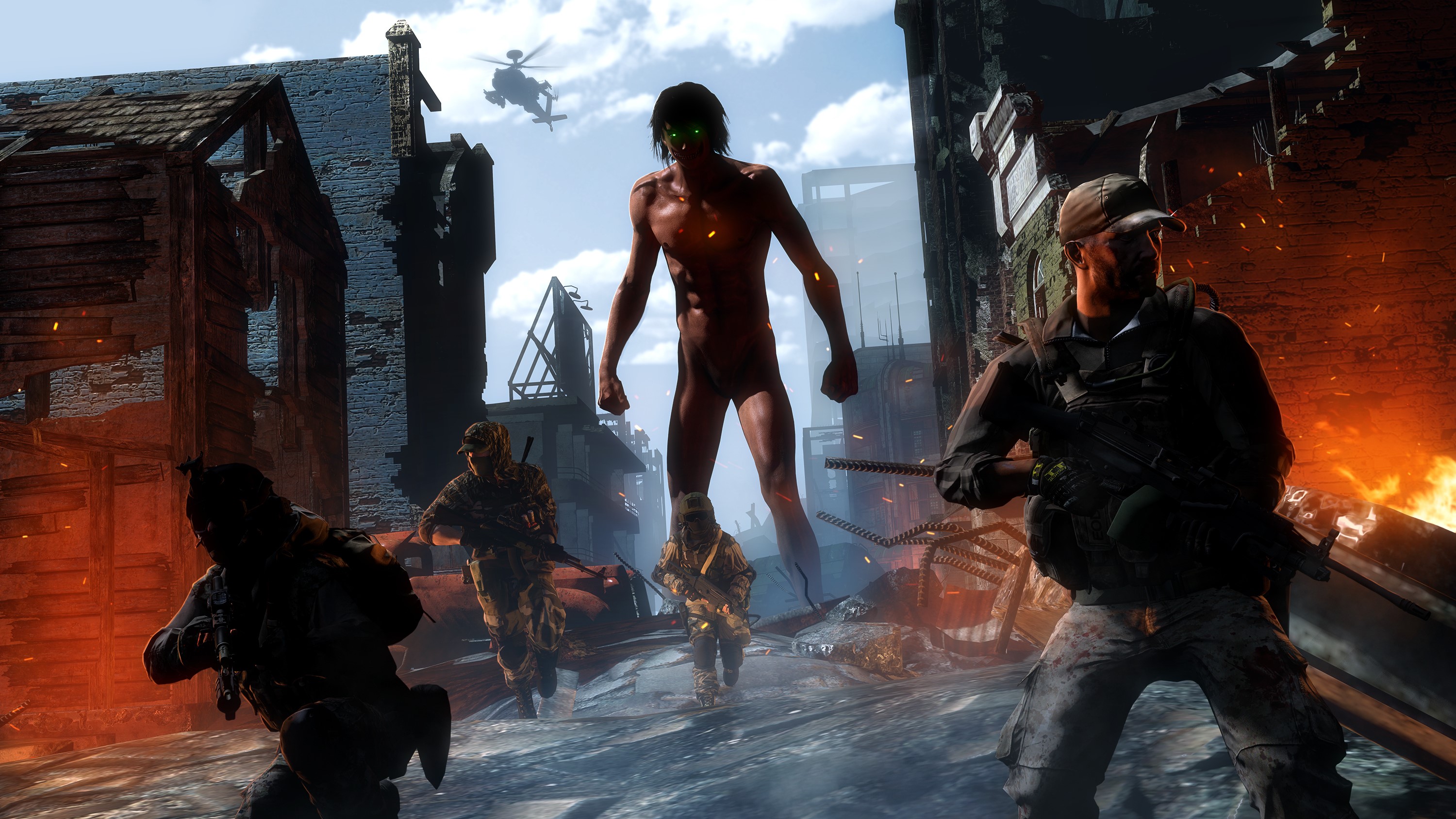 Attack on Titan characters in ruined city with soldiers and helicopter HD Wallpaper