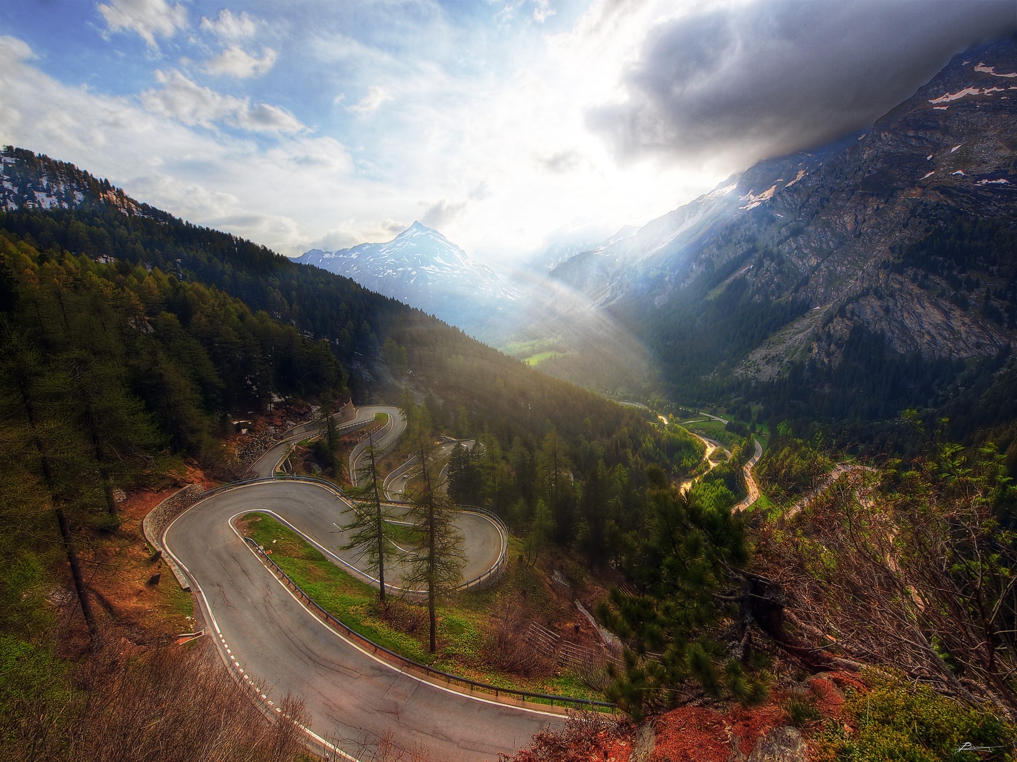 Winding mountain road in Maloja, Switzerland HD Wallpaper