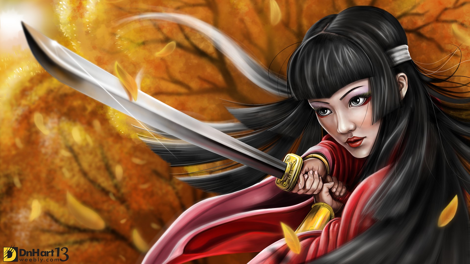 Samurai warrior with sword in autumn forest HD Wallpaper