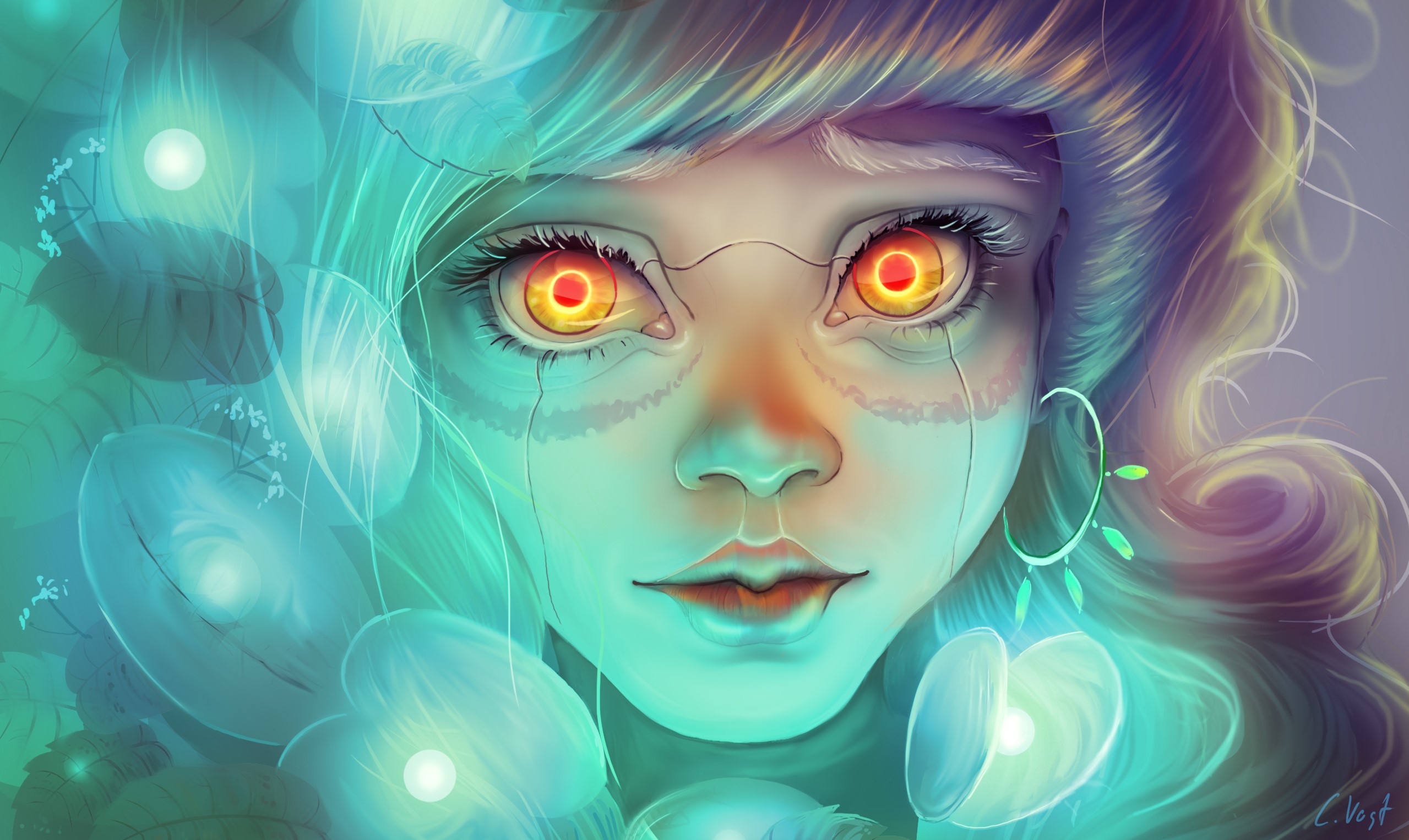 Close-up of a robot girl with glowing eyes HD Wallpaper