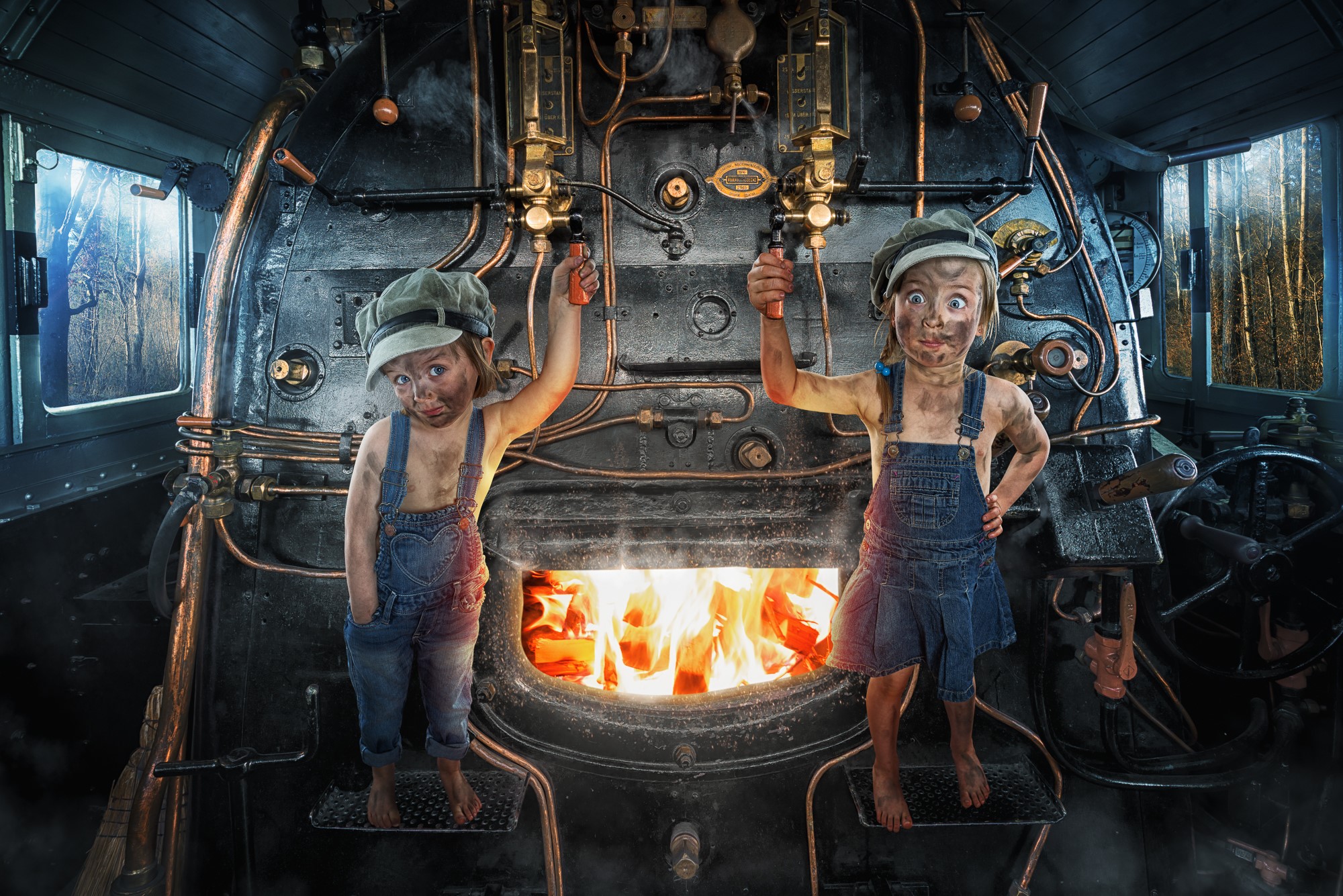 Children stokers in a steam engine HD Wallpaper