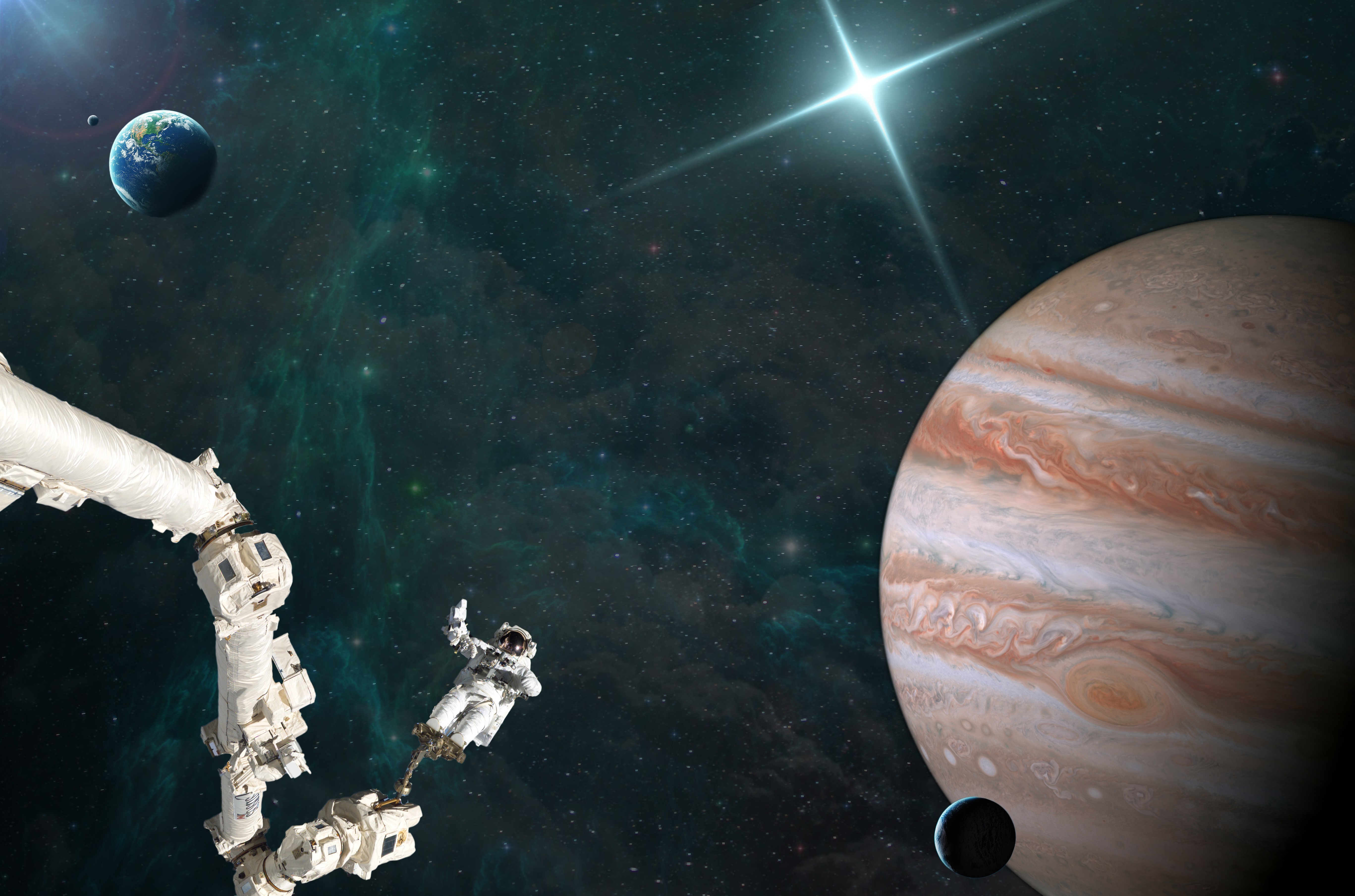 Astronauts near Jupiter and Earth HD Wallpaper