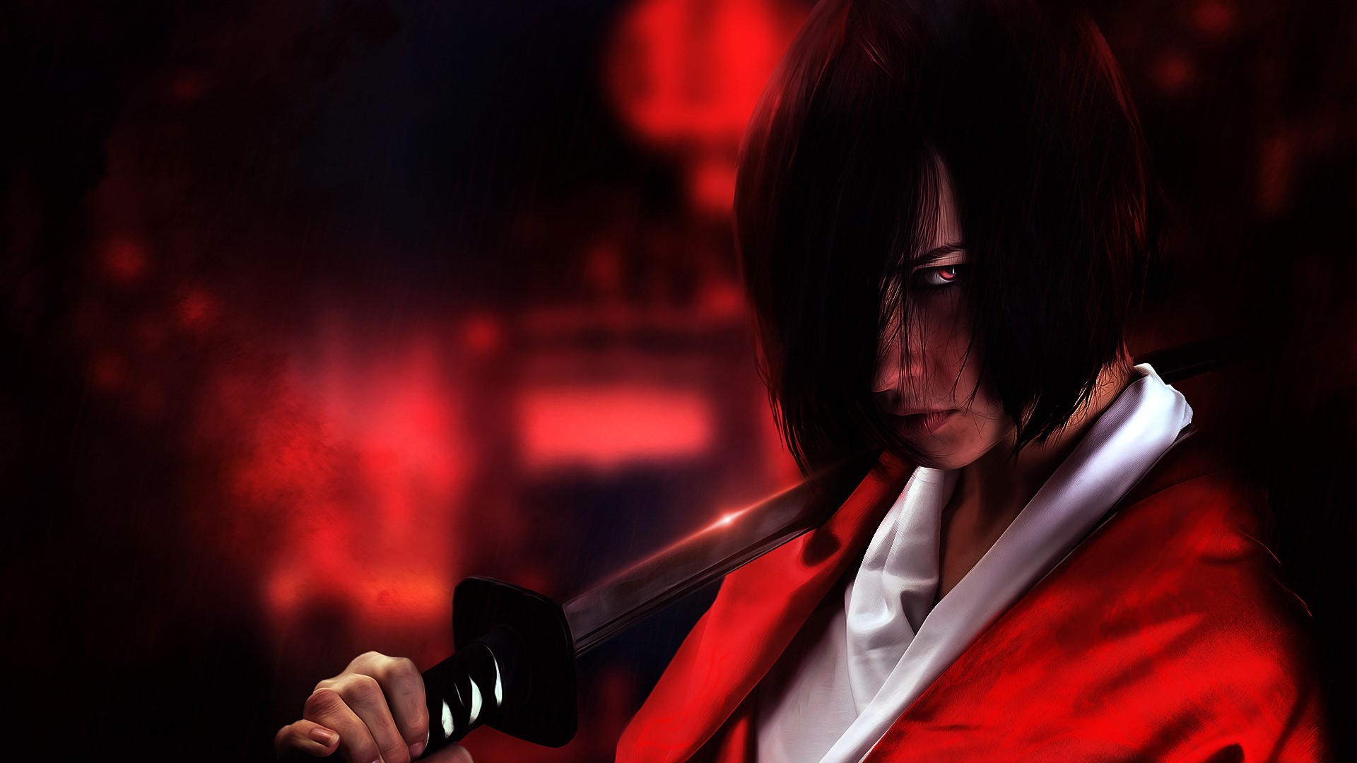 Brunette warrior with katana in red attire HD Wallpaper