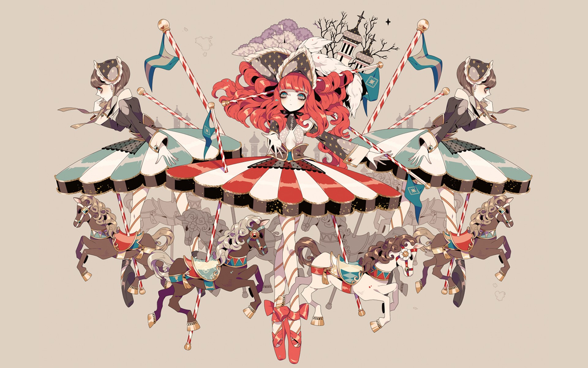 Carousel with anime girls and horses HD Wallpaper