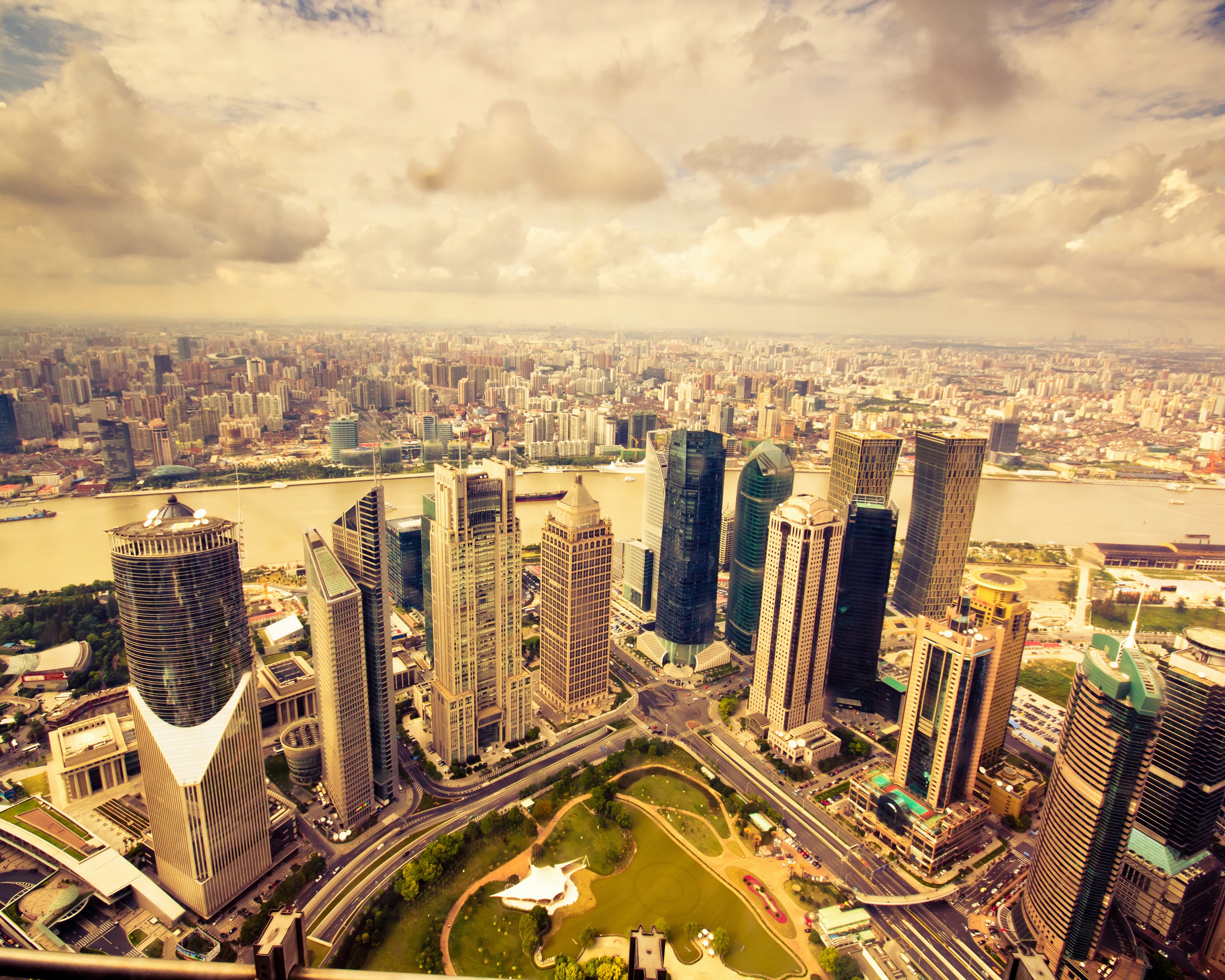 Shanghai skyscrapers and river from above HD Wallpaper