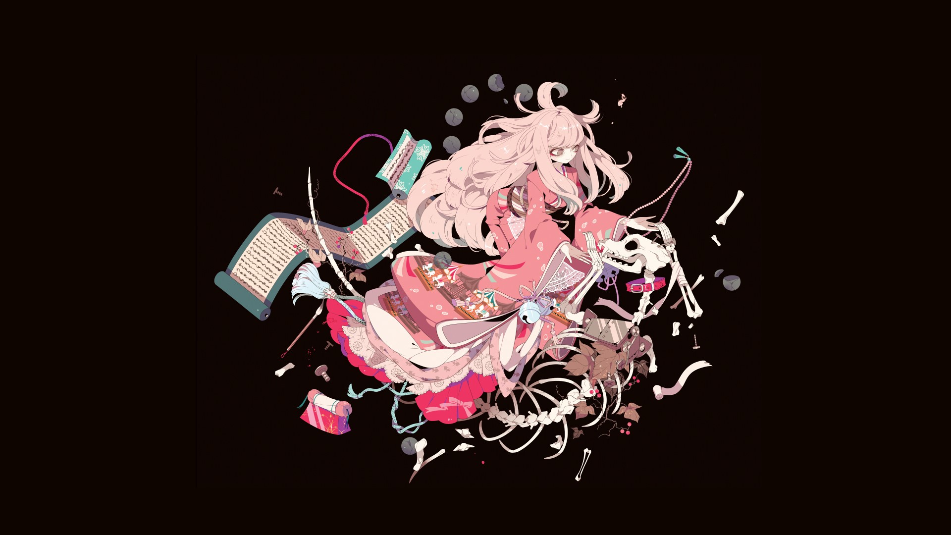 Girl with pink hair and a dog skeleton HD Wallpaper
