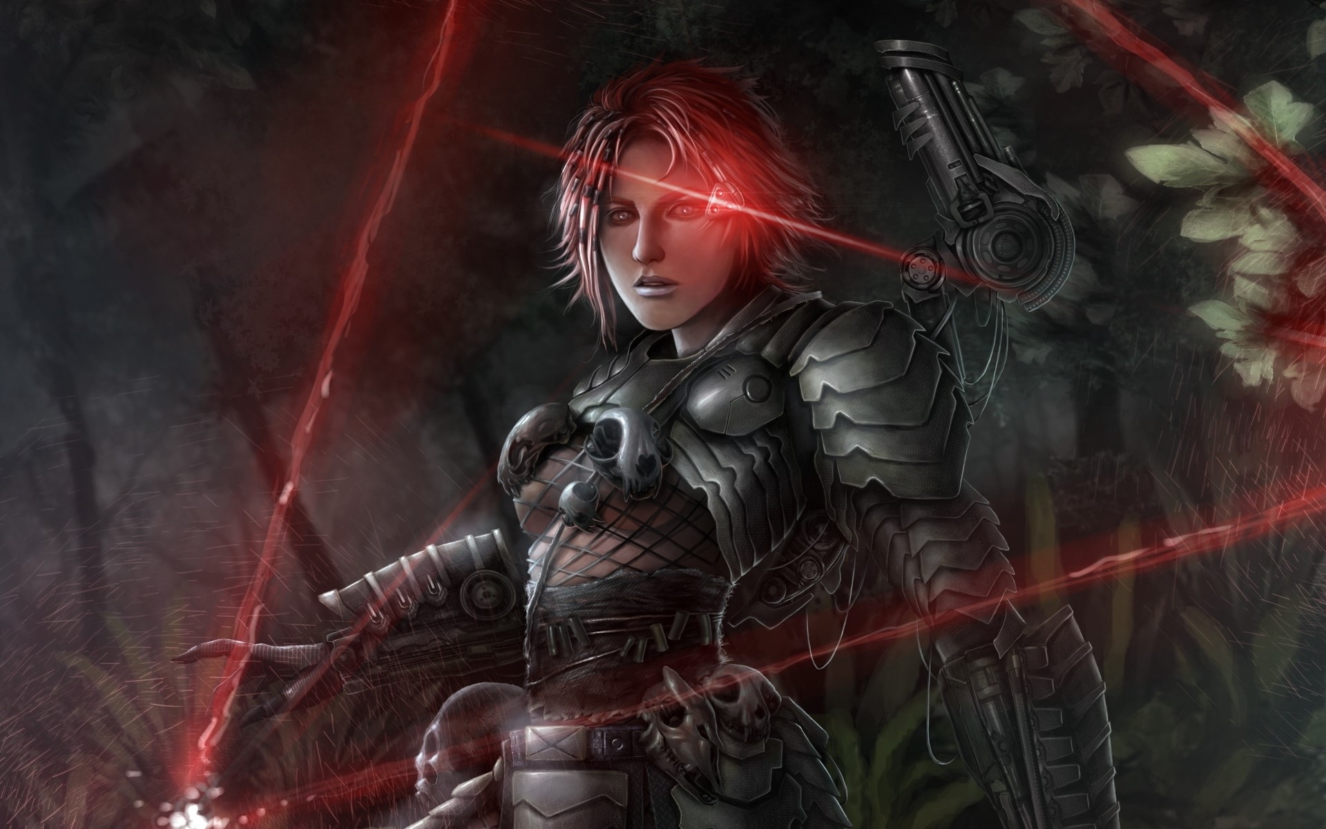 Female warrior with futuristic armor and red laser sights HD Wallpaper