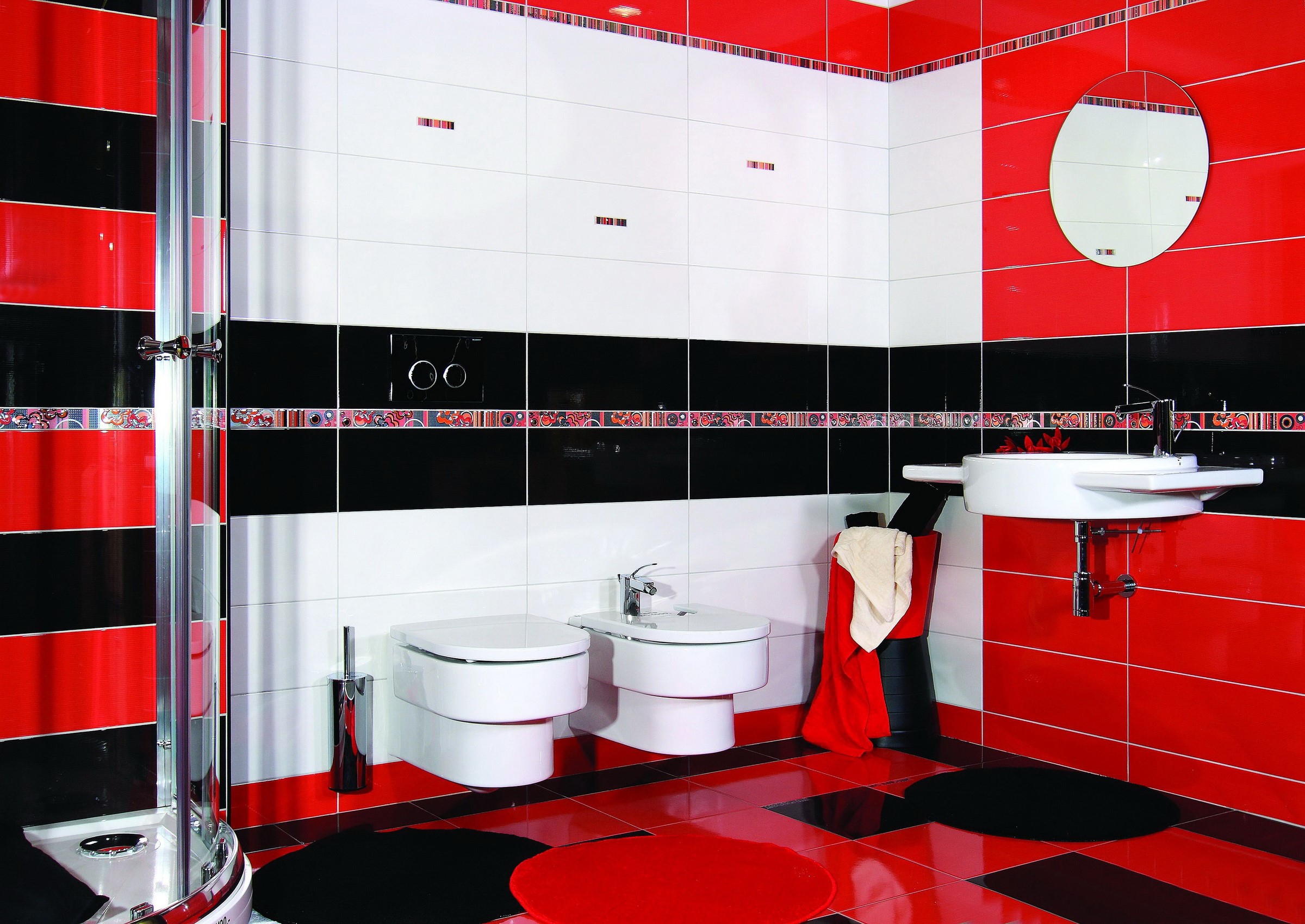 Modern bathroom with red, black, and white tiles HD Wallpaper