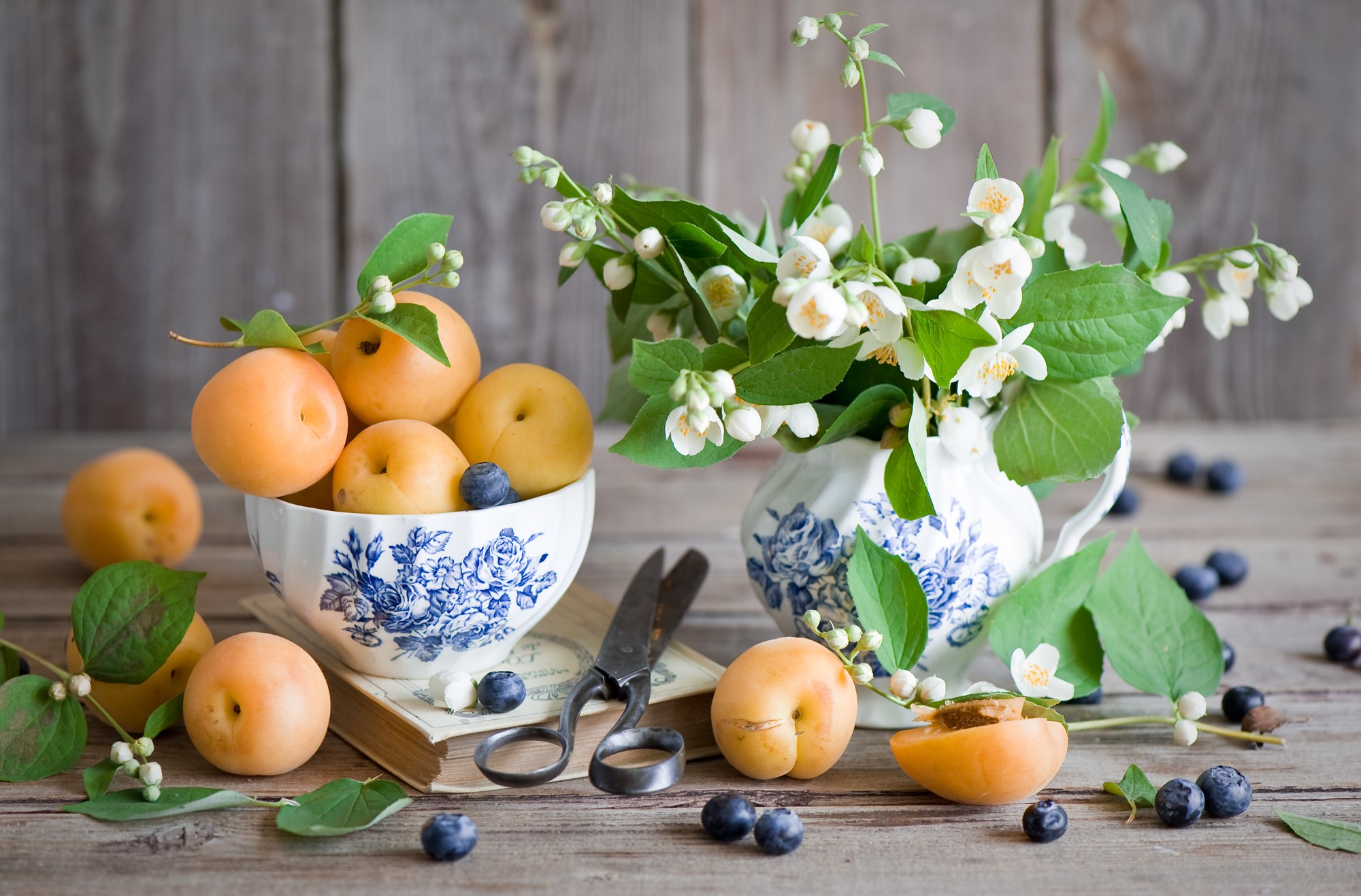 Still life with apricots, blueberries, jasmine, and scissors HD Wallpaper