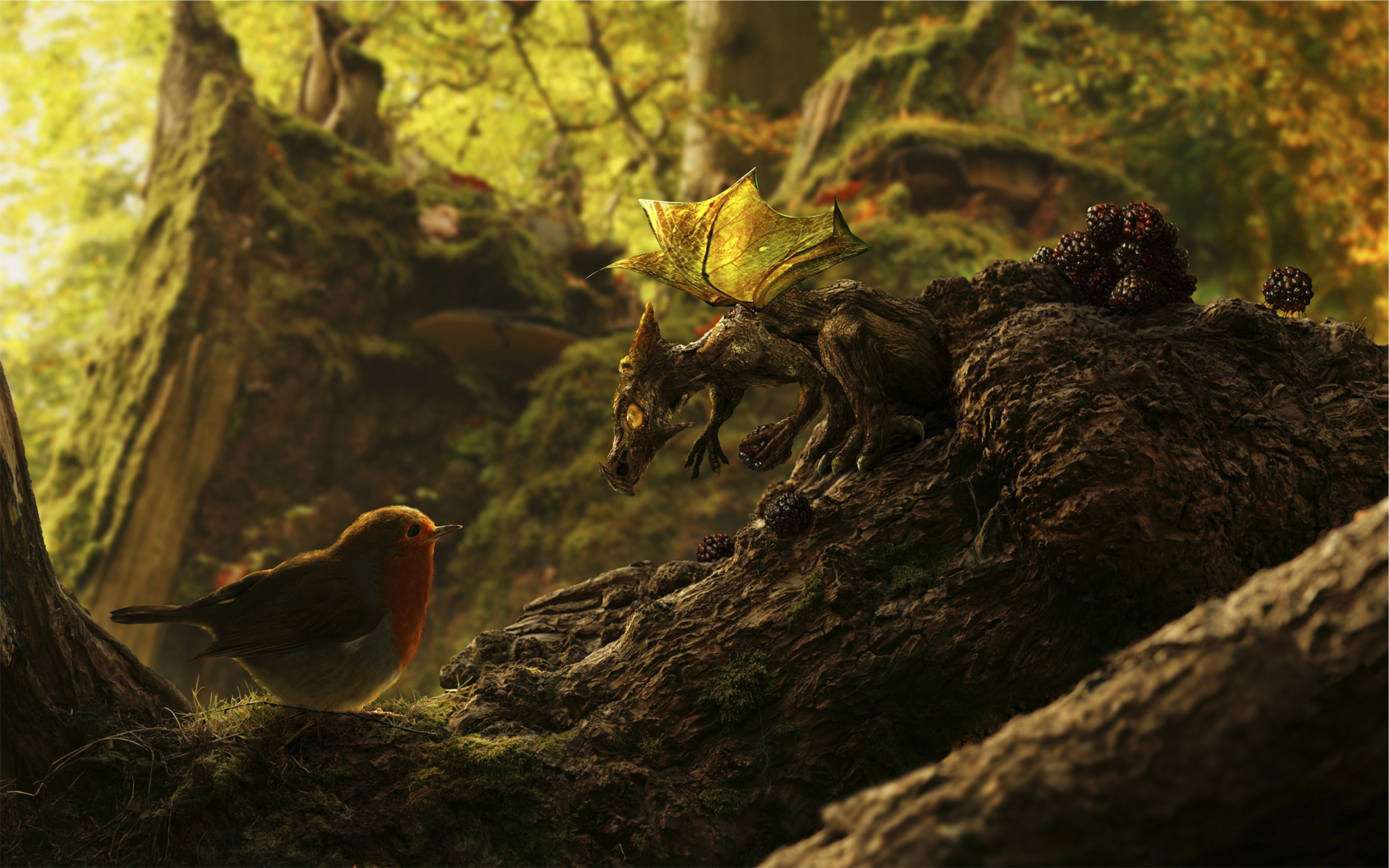 Dragon and Robin in a Mossy Forest HD Wallpaper