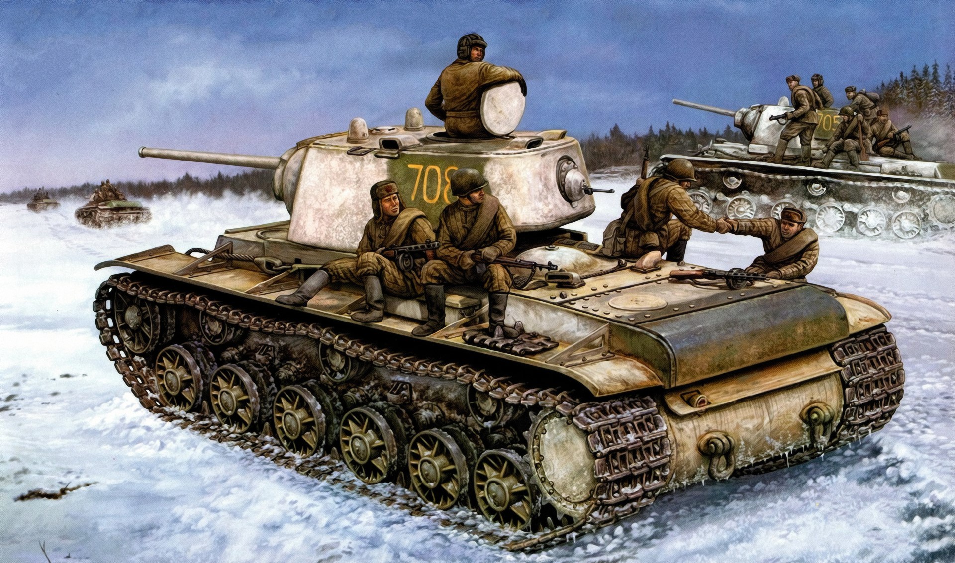 KV-1 Tanks and Soldiers in a Snowy Landscape Painting HD Wallpaper