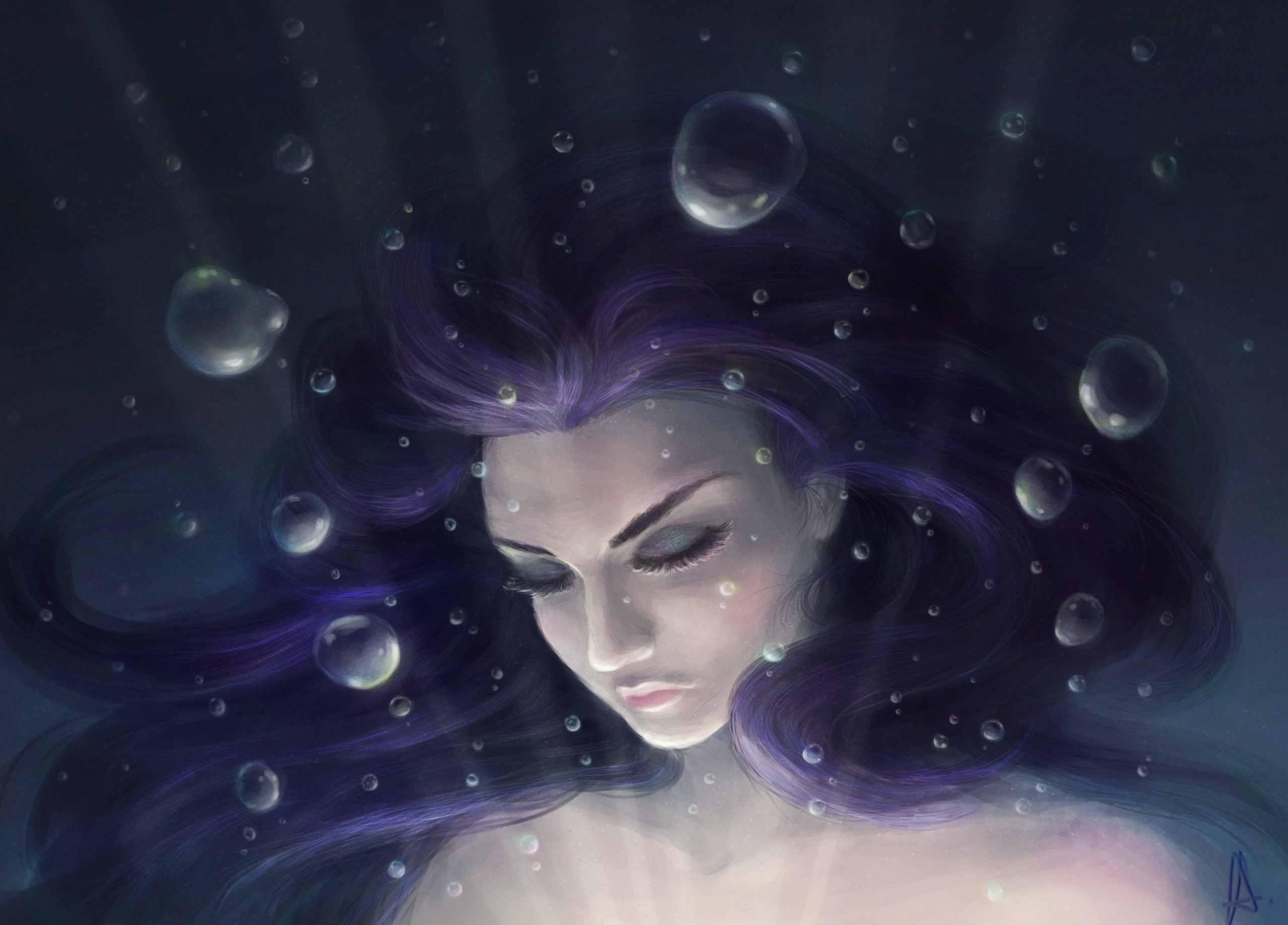 Mermaid underwater with bubbles HD Wallpaper