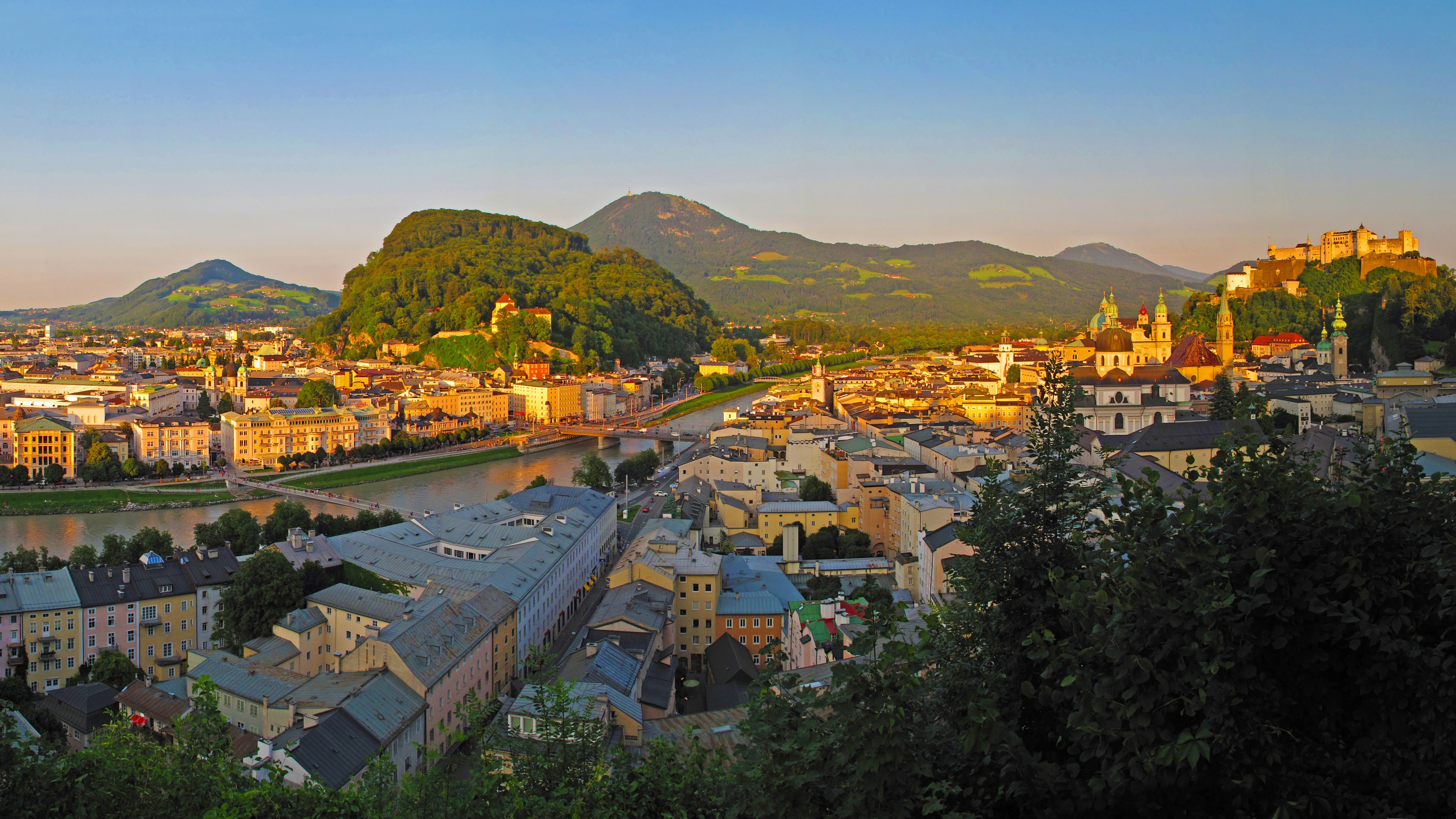 Salzburg cityscape with river and mountains HD Wallpaper