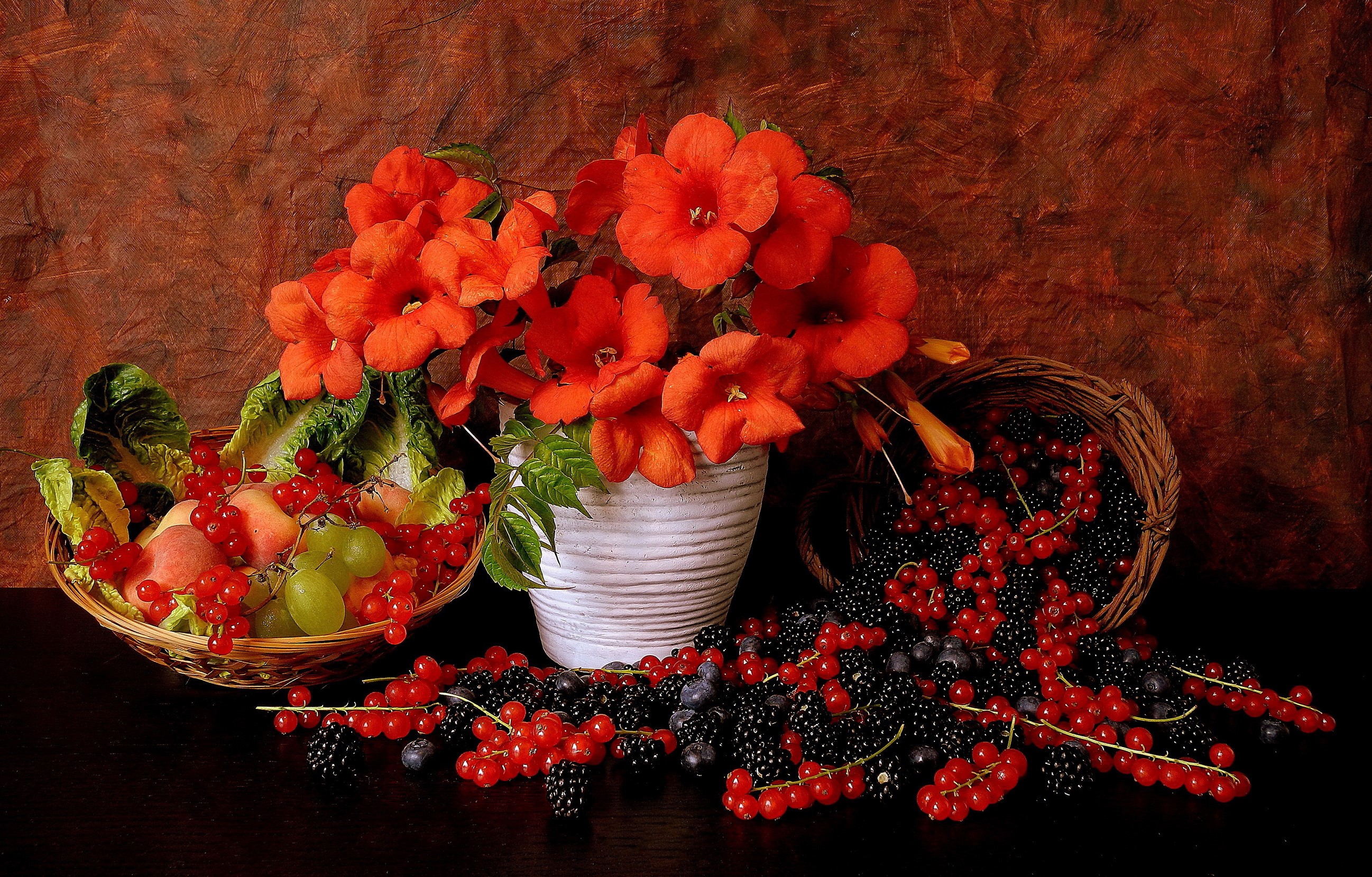Still-life with fruit and orange flowers HD Wallpaper