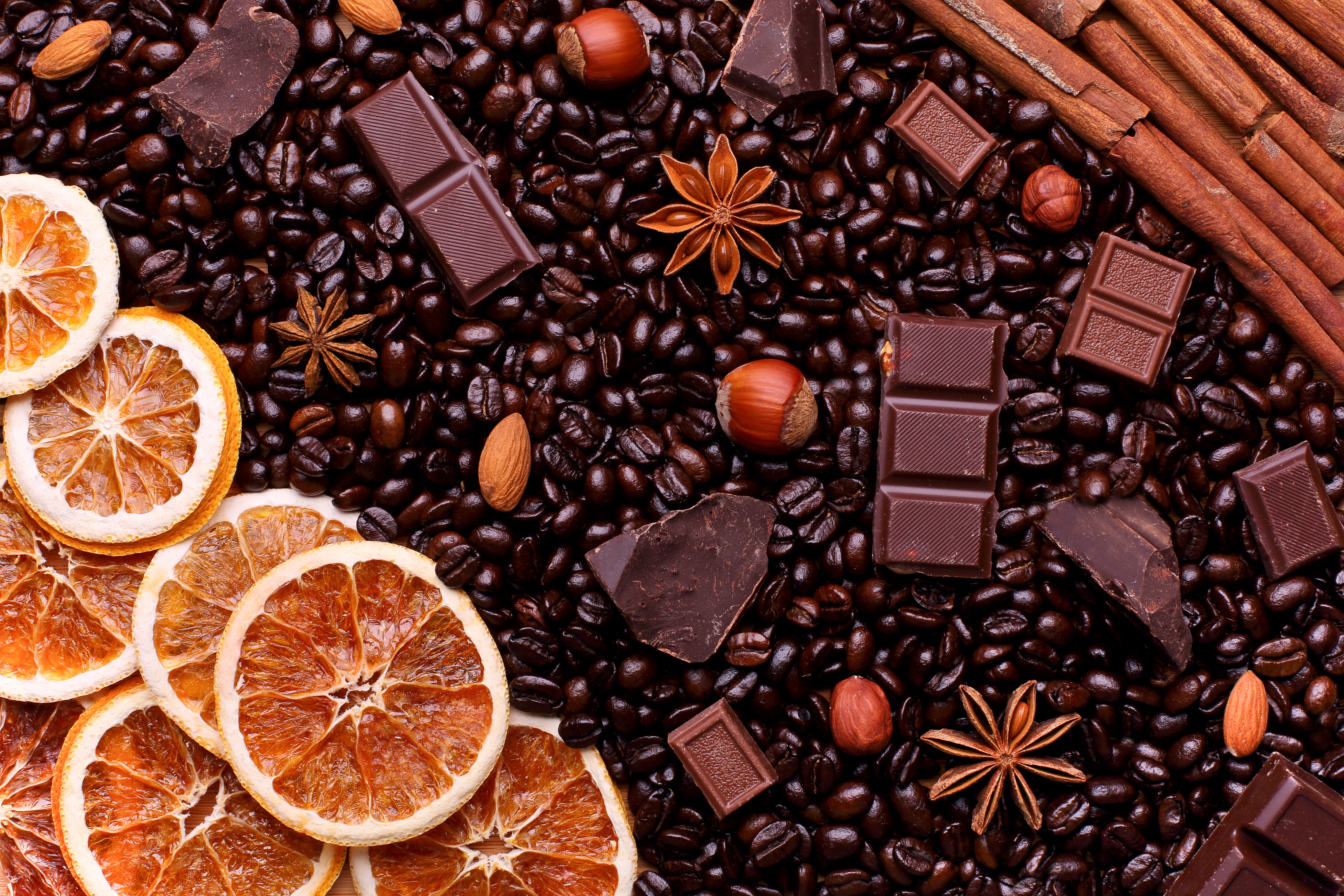 Chocolate, Coffee Beans, Dried Orange Slices, Nuts, and Spices HD Wallpaper