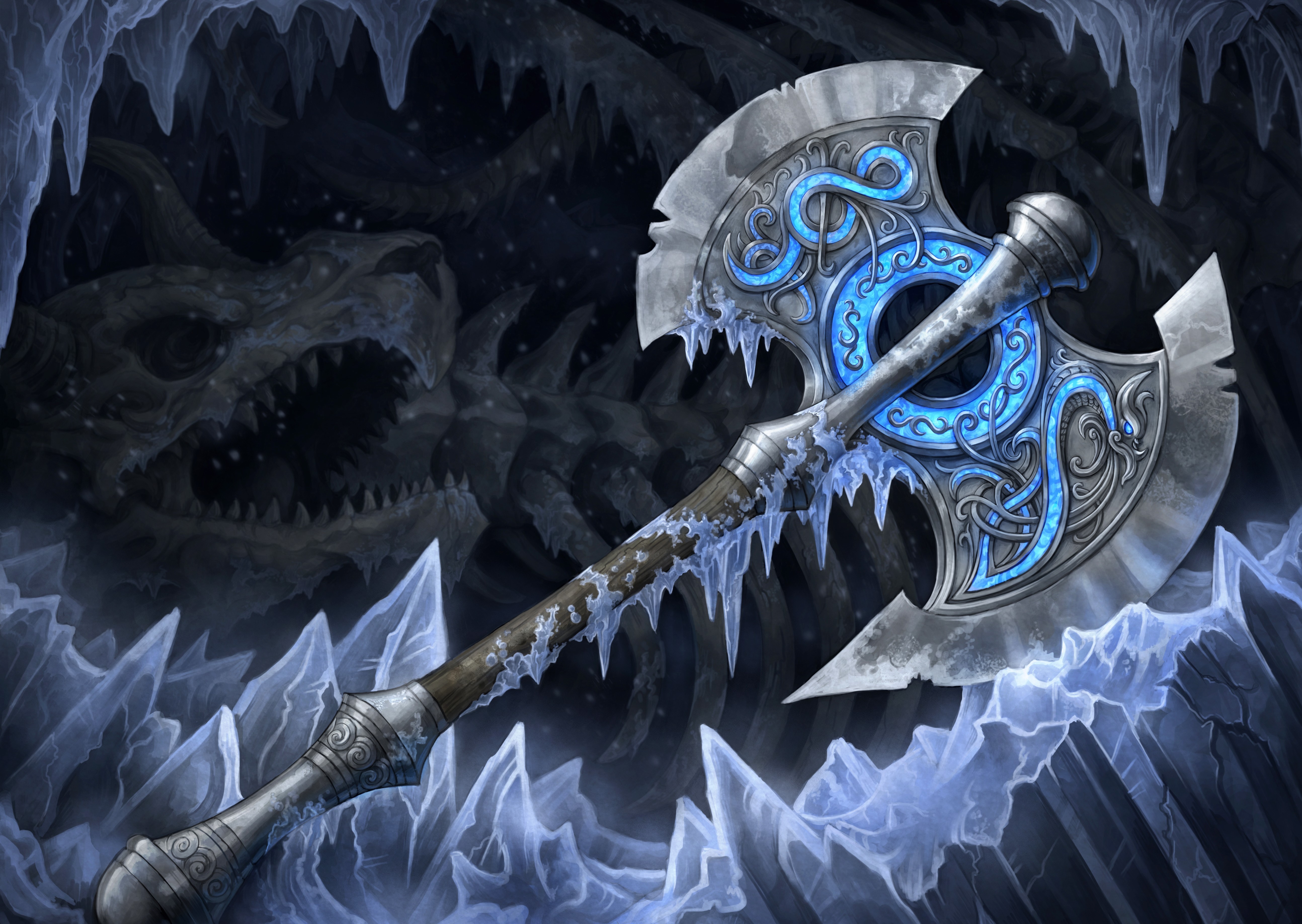 Battle axe in an icy dragon's lair HD Wallpaper