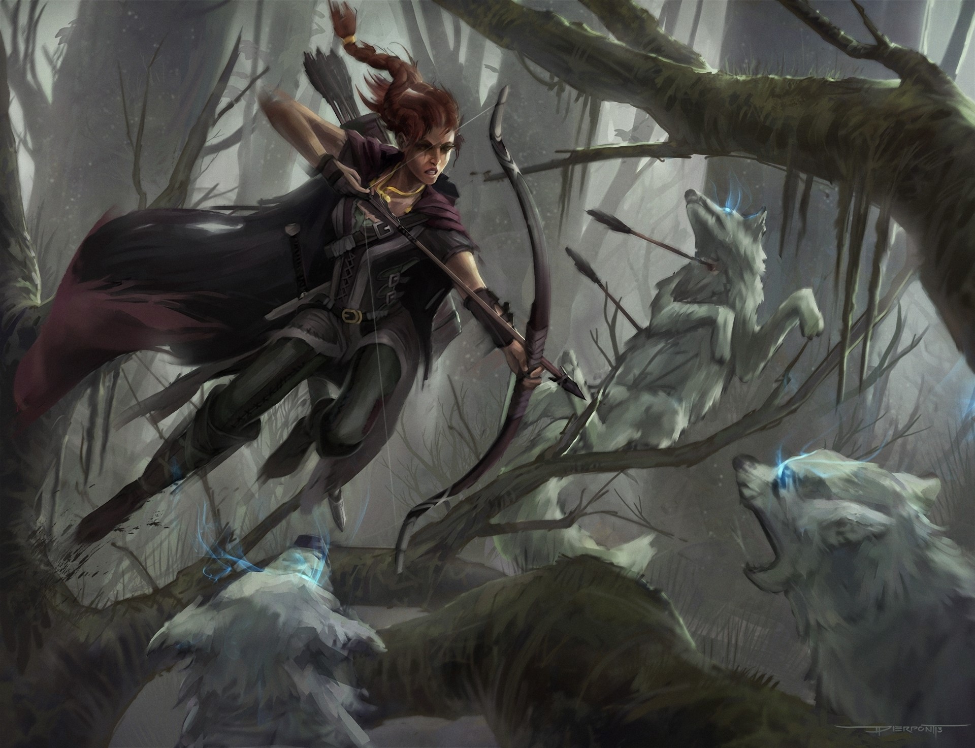 Archer fighting wolves in a forest HD Wallpaper