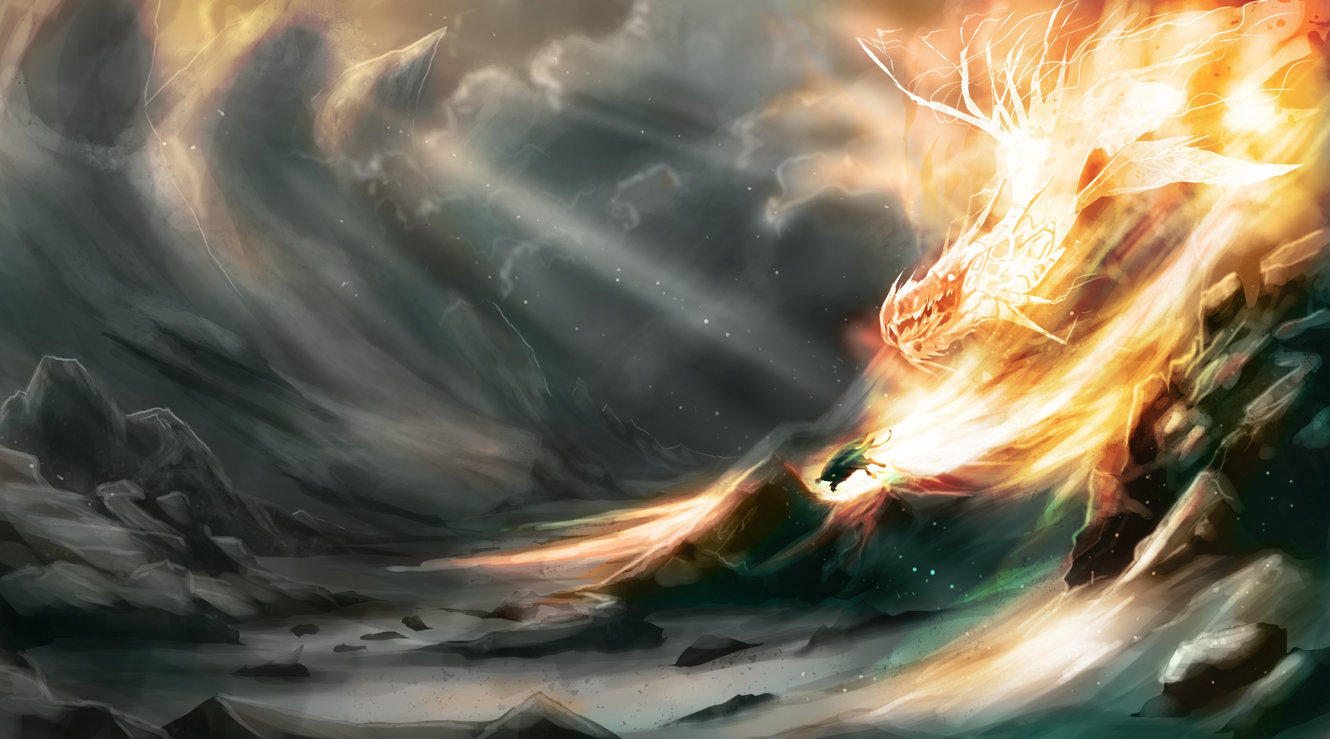 Dragon made of fire attacking a small figure HD Wallpaper