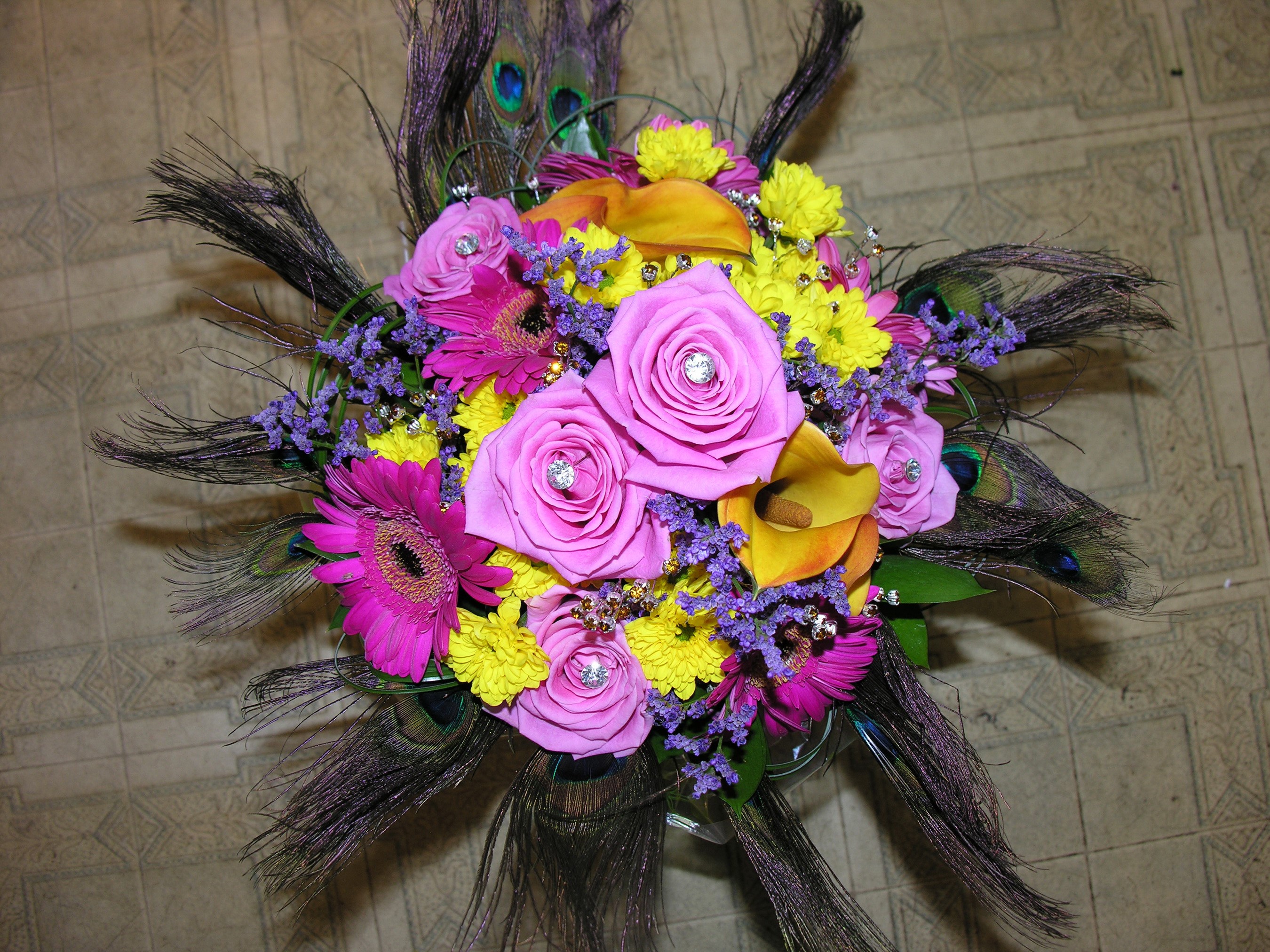 Bouquet with Roses, Gerberas, Chrysanthemums, Callas, and Peacock Feathers HD Wallpaper
