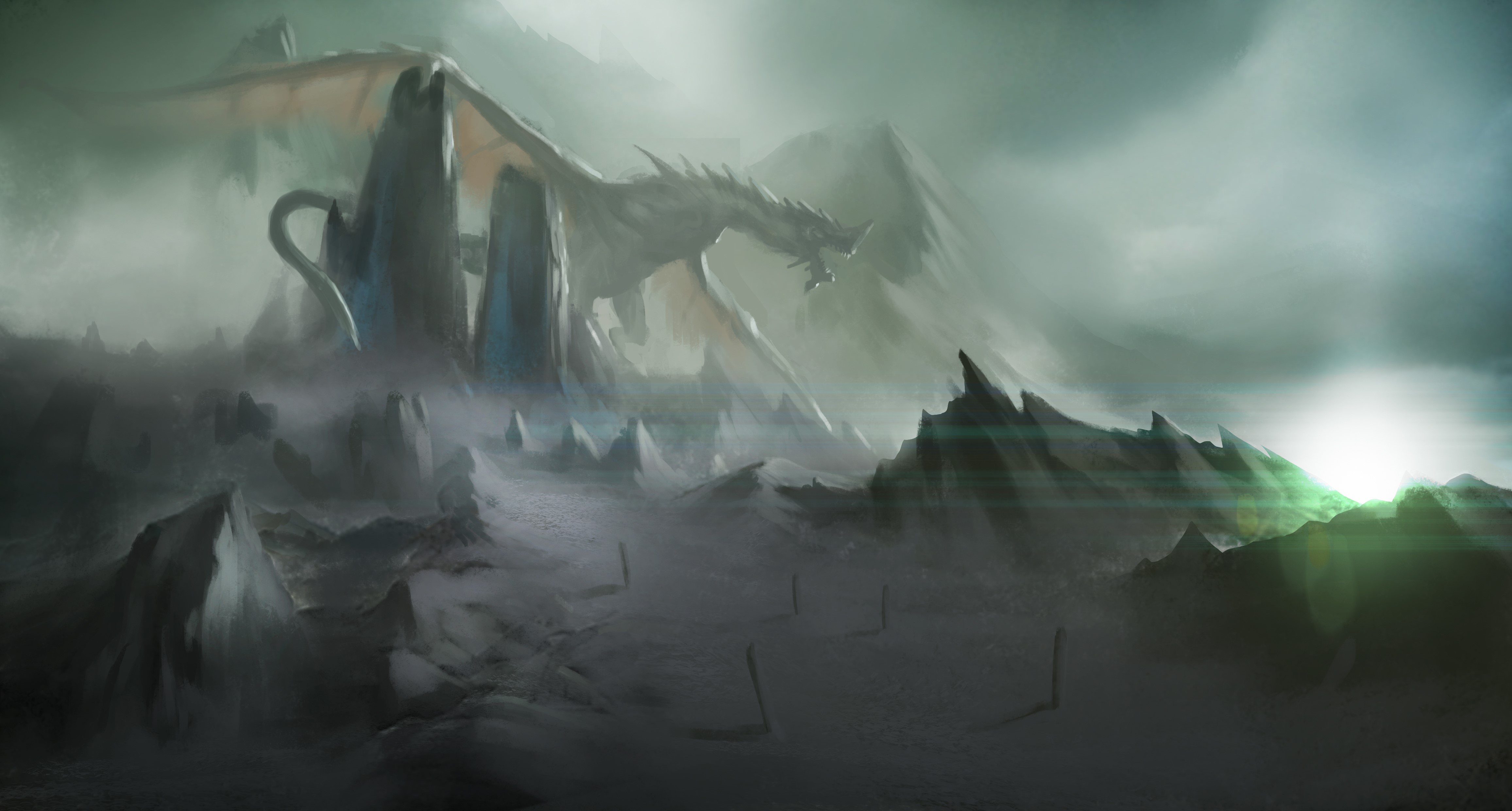 Dragon in a misty, rocky landscape with ancient stones HD Wallpaper